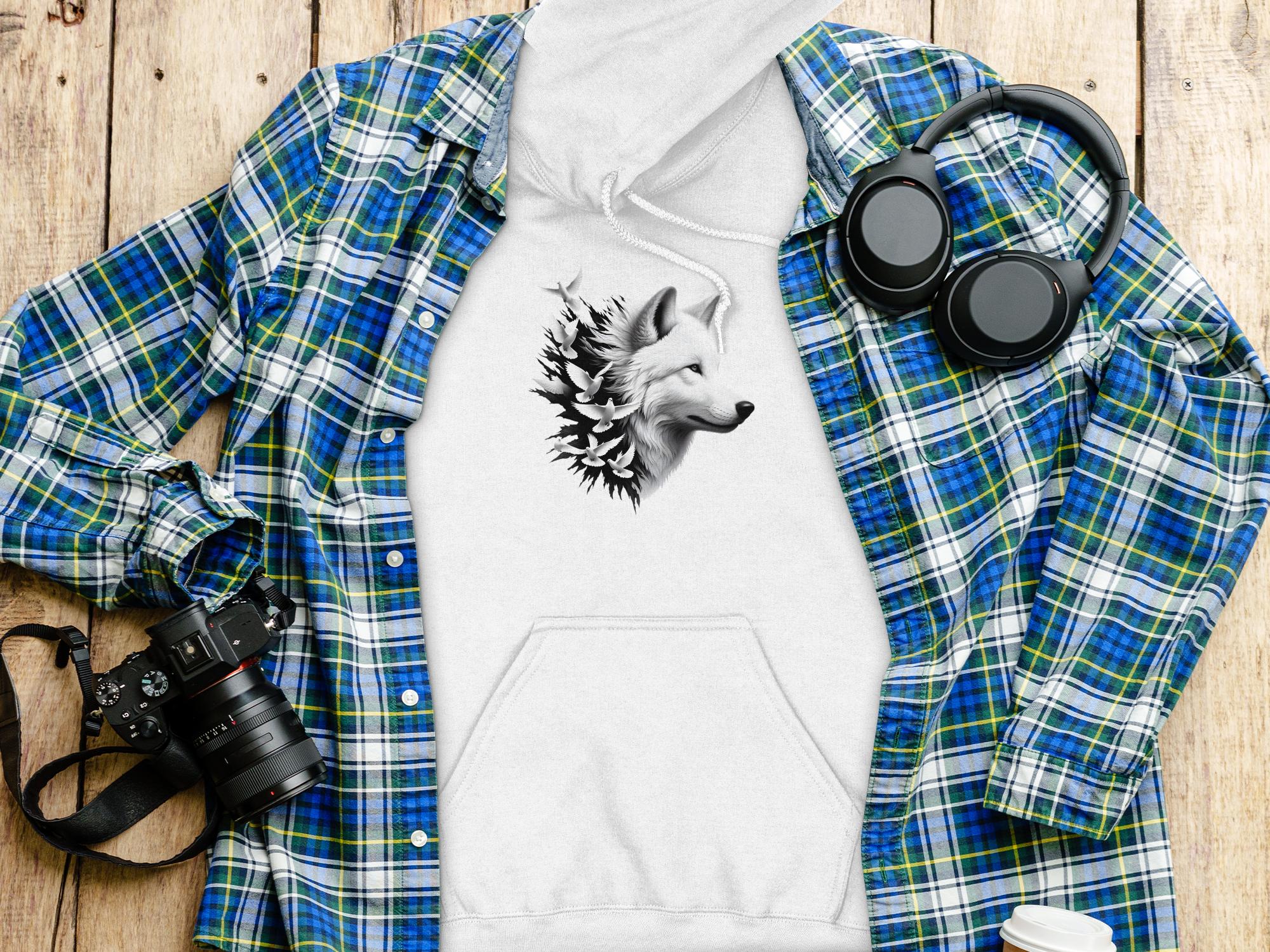 Wolf x Doves - Black White Gildan Hoodie Realistic Animal Talisman Unisex Tee Graphic Design