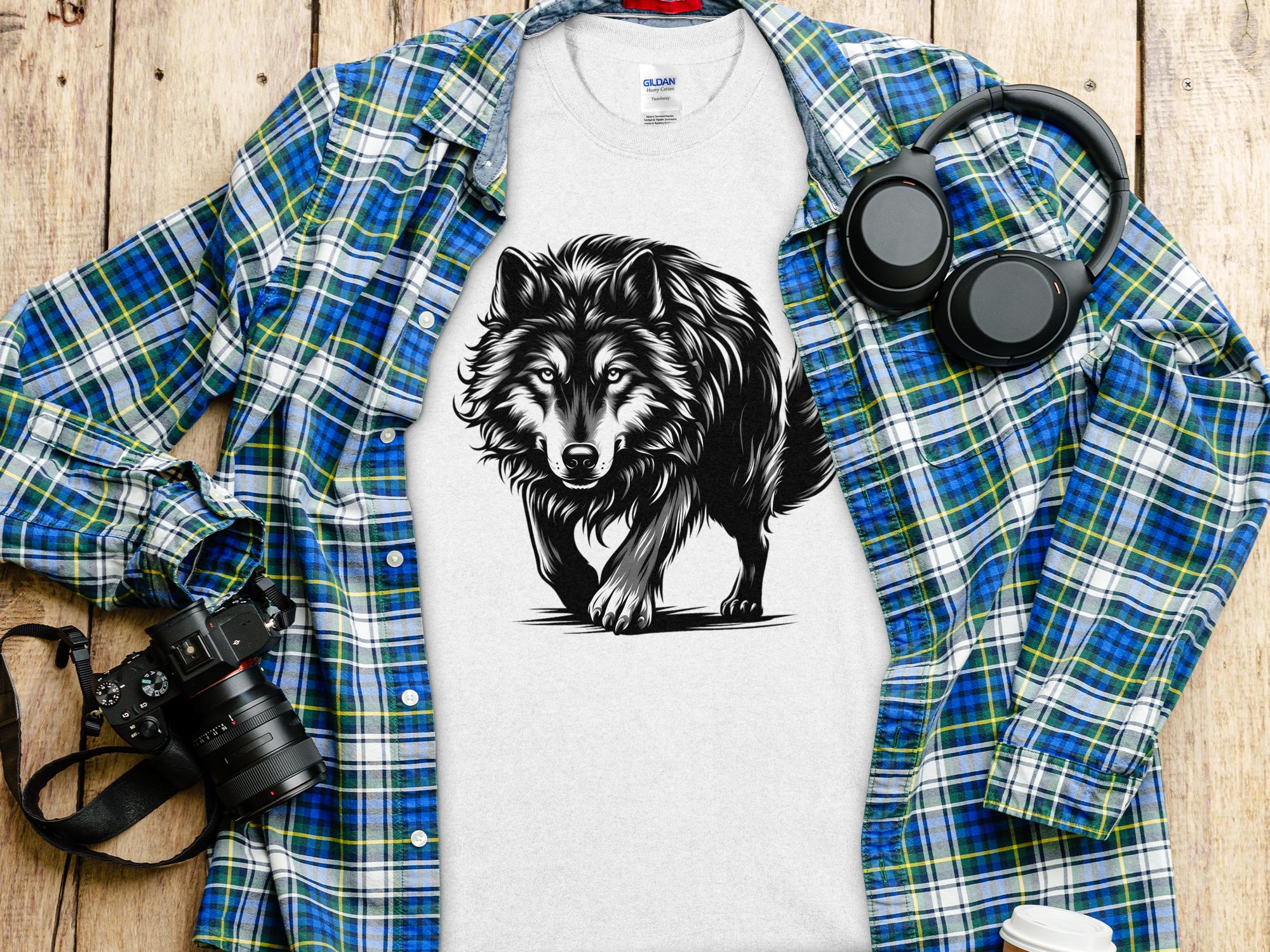 Wolf Tribal - Black White Gildan T-Shirt Realistic Animal Talisman Unisex Tee Graphic Design