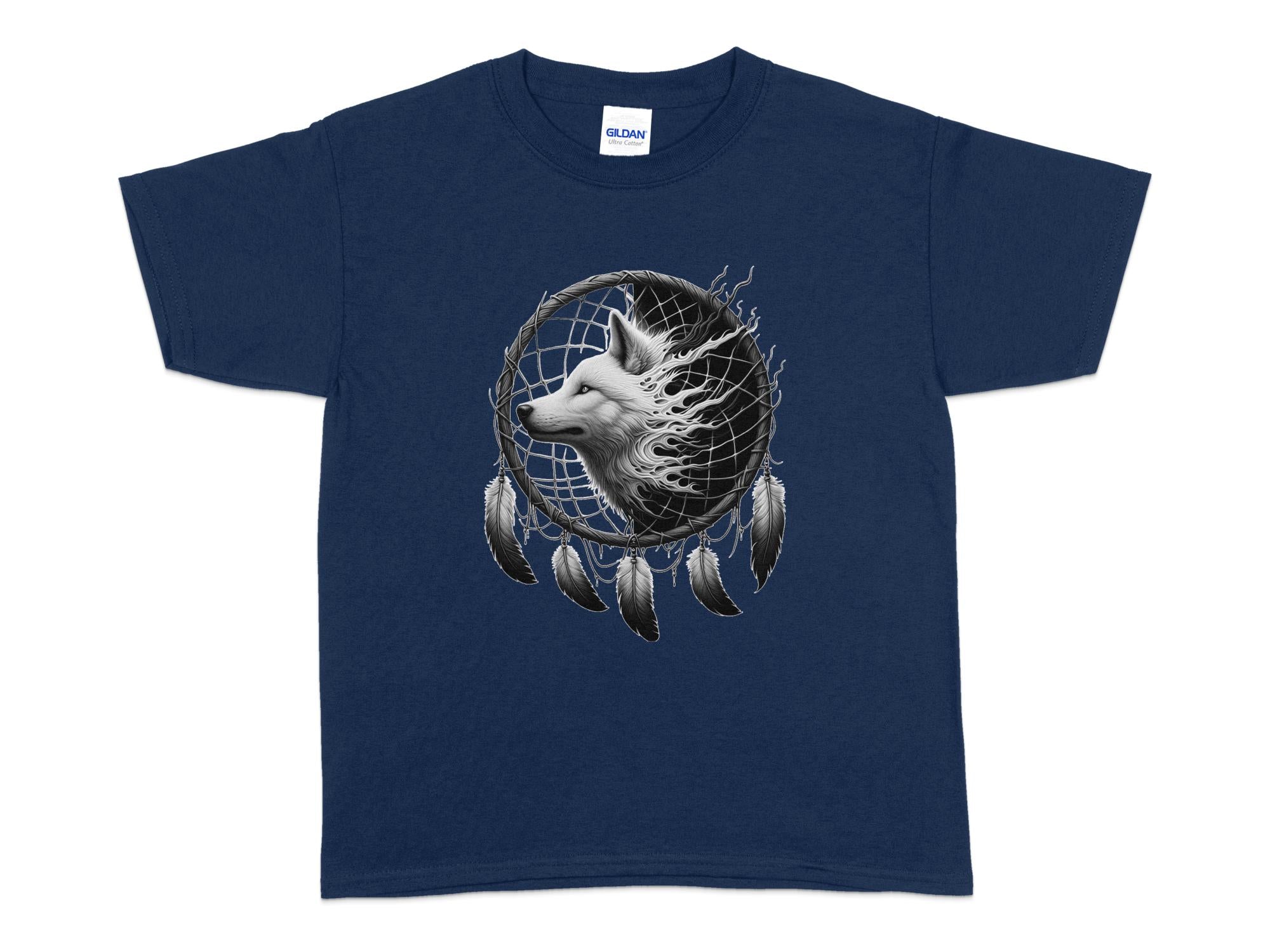 Dreamcatcher Wolf - Coloured Gildan Kids T-Shirt Realistic Native American Talisman Unisex Mythology Tee Graphic Design