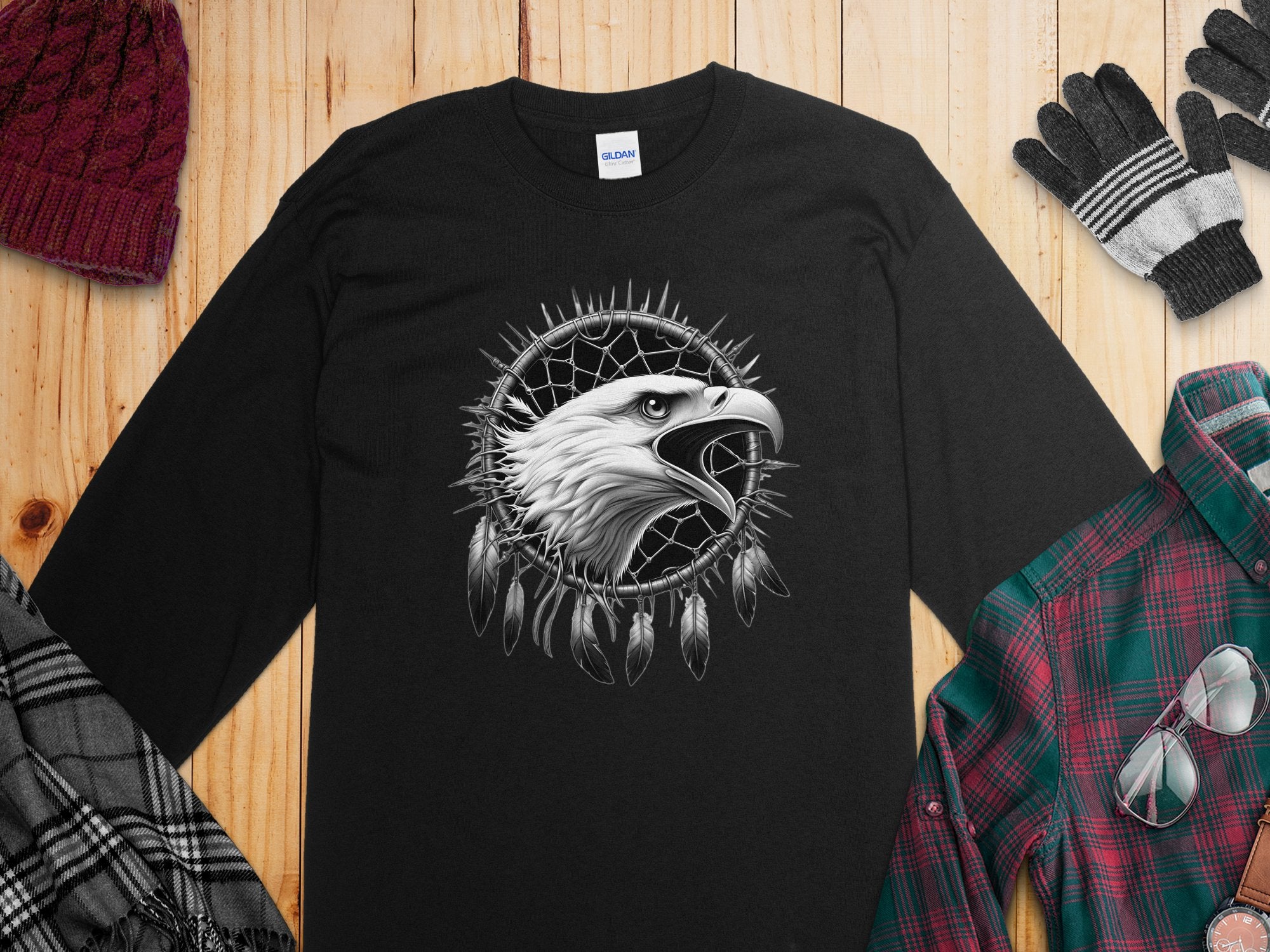 Dreamcatcher Eagle - Coloured Gildan Long Sleeve Realistic Native American Talisman Unisex Mythology Tee Graphic Design