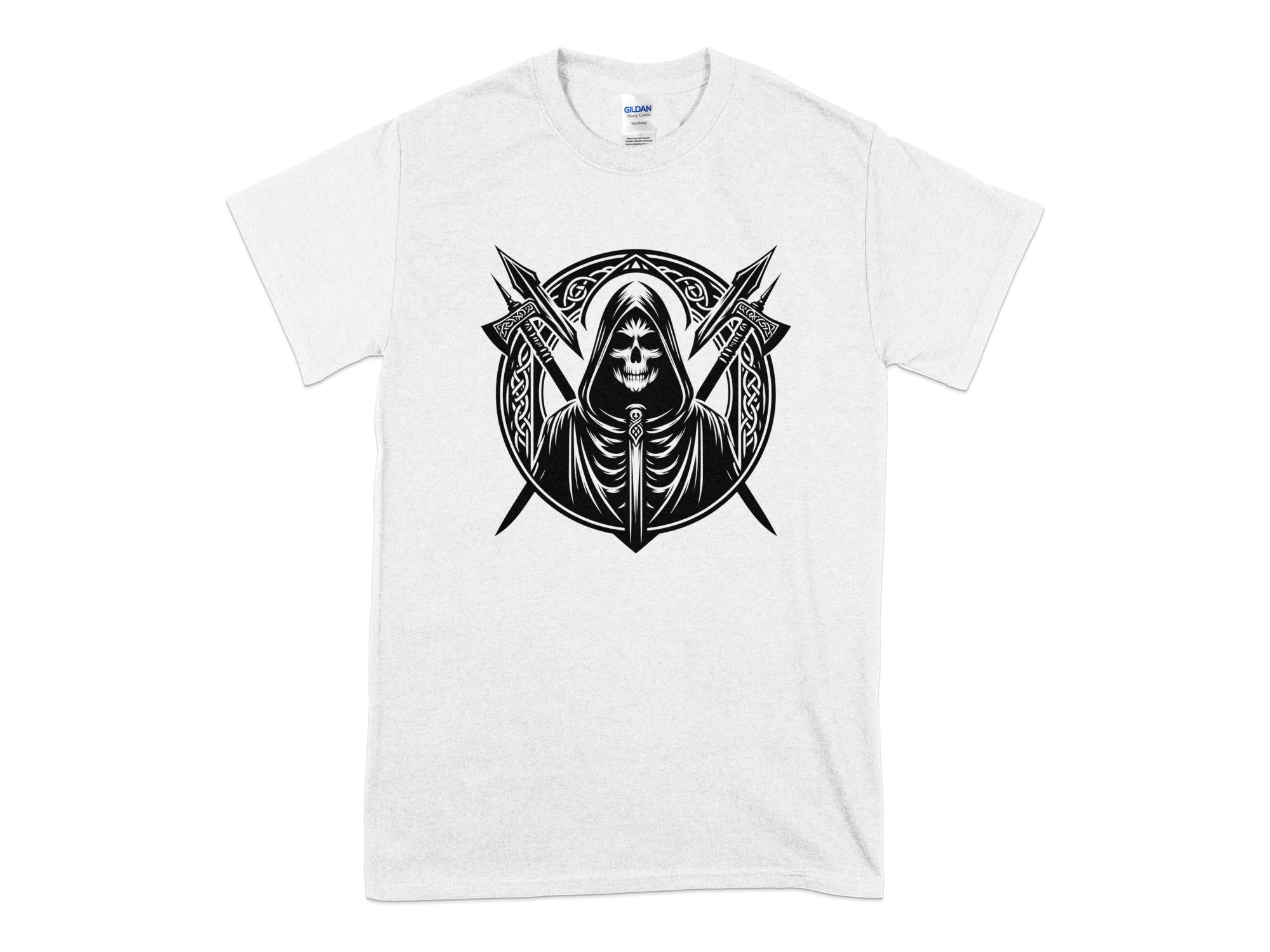 Grim Reaper - Black White Gildan T-Shirt Commemorative Talisman Unisex Tee Graphic Design