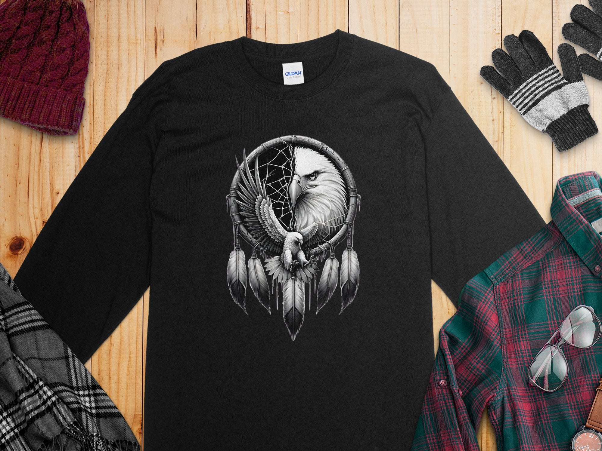 Dreamcatcher Eagle - Coloured Gildan Long Sleeve Realistic Native American Talisman Unisex Mythology Tee Graphic Design