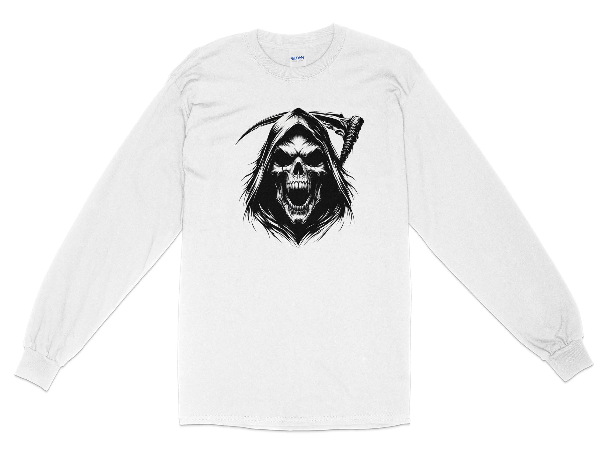 Grim Reaper - Black White Gildan Long Sleeve Commemorative Talisman Unisex Tee Graphic Design