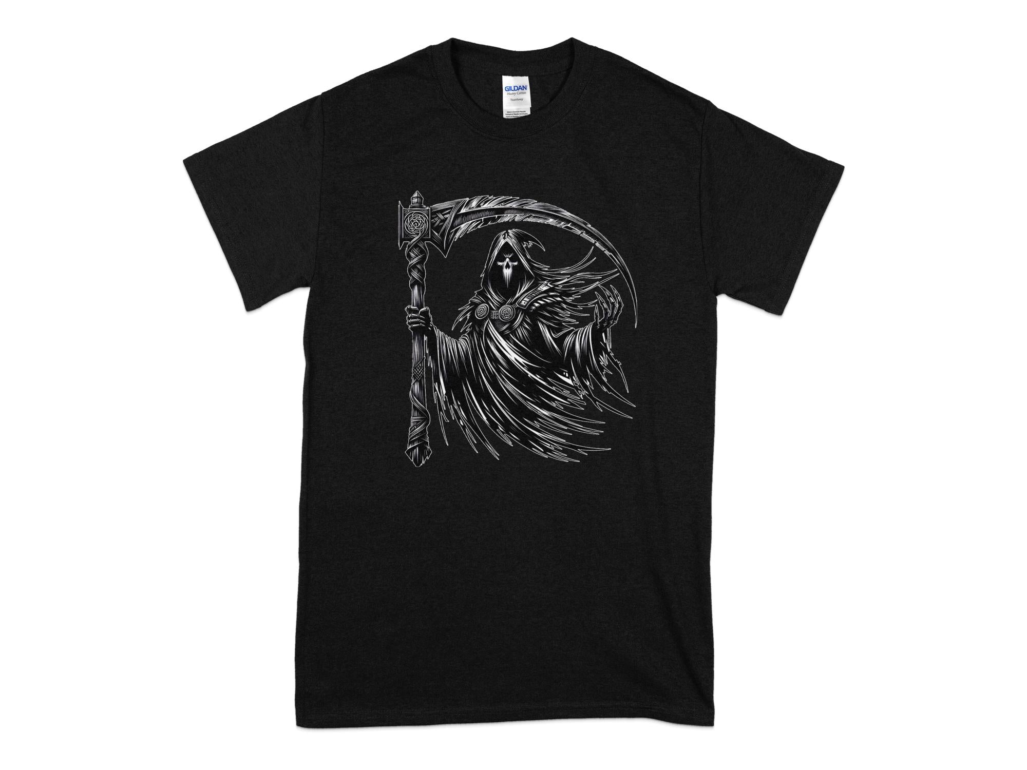 Grim Reaper - Black White Gildan T-Shirt Commemorative Talisman Unisex Tee Graphic Design