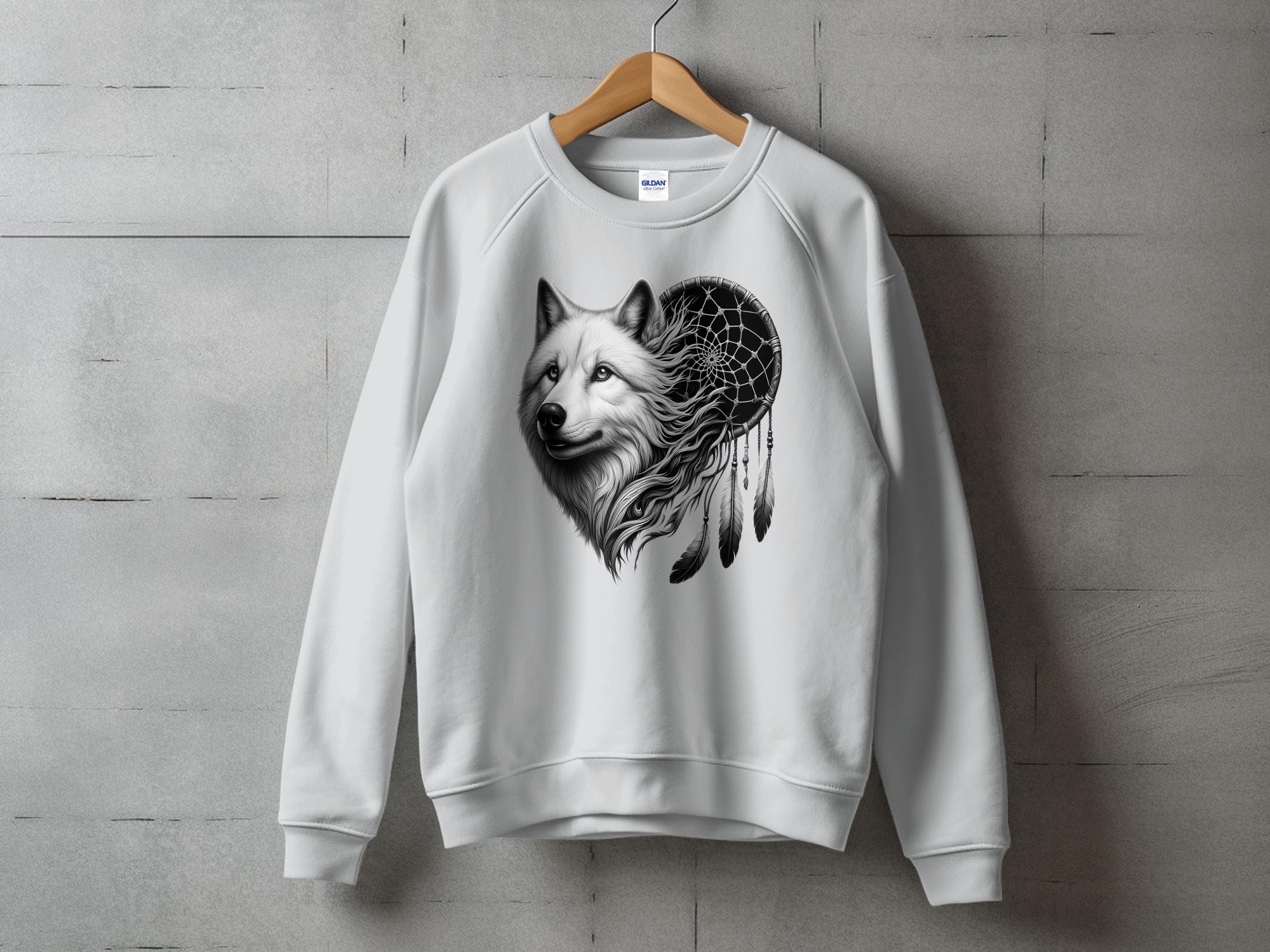 Dreamcatcher Wolf - Coloured Gildan Sweatshirt Realistic Native American Talisman Unisex Mythology Tee Graphic Design