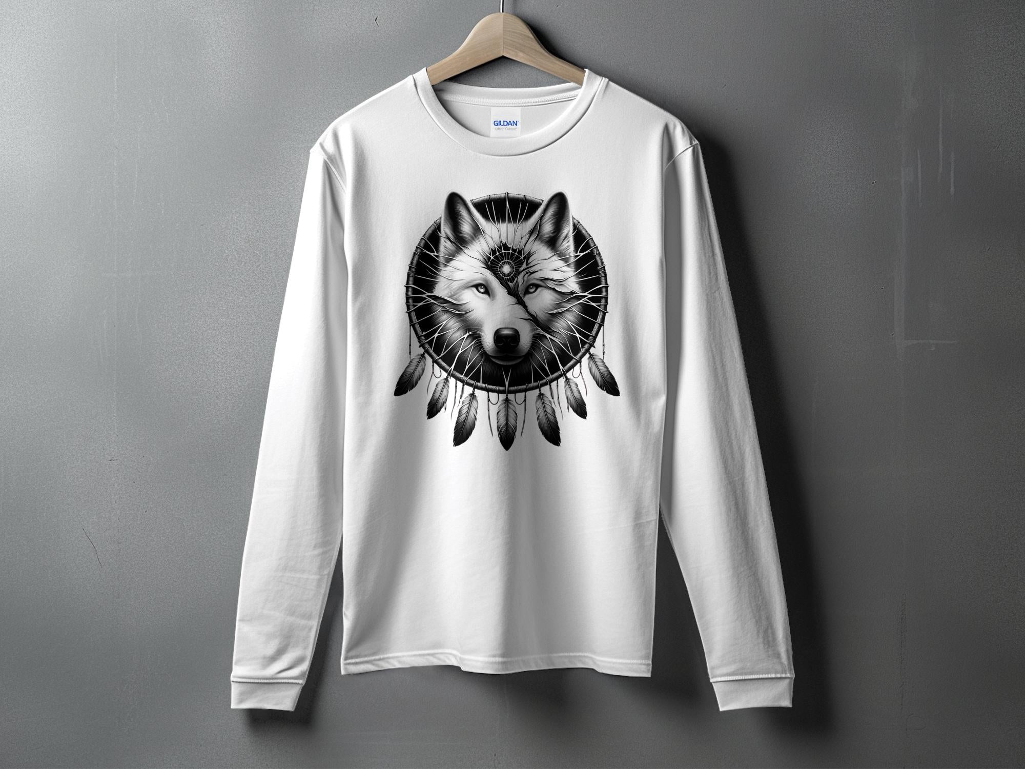 Dreamcatcher Wolf - Coloured Gildan Long Sleeve Realistic Native American Talisman Unisex Mythology Tee Graphic Design