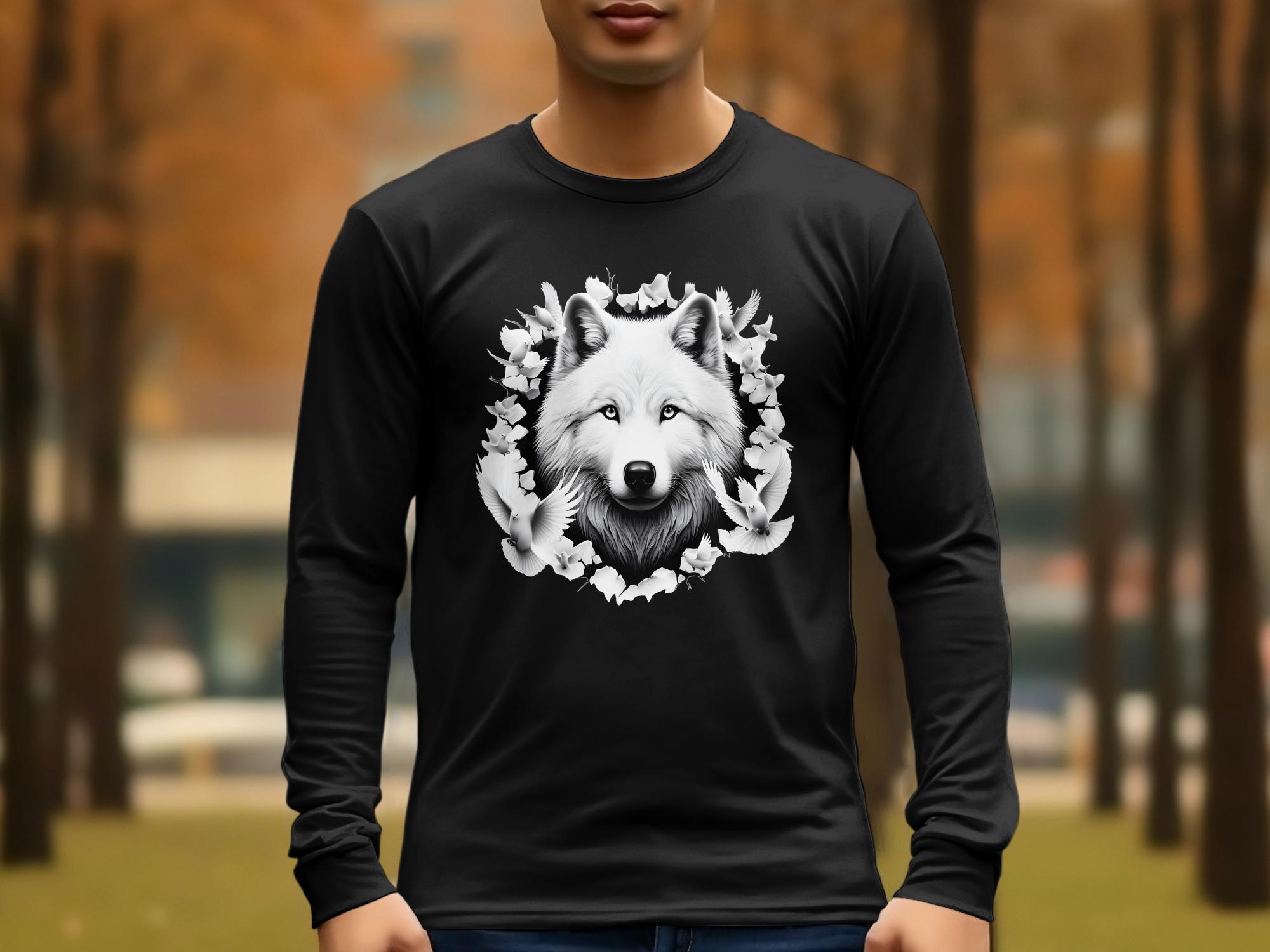 Wolf x Doves - Black White Gildan Long Sleeve Realistic Animal Talisman Unisex Tee Graphic Design