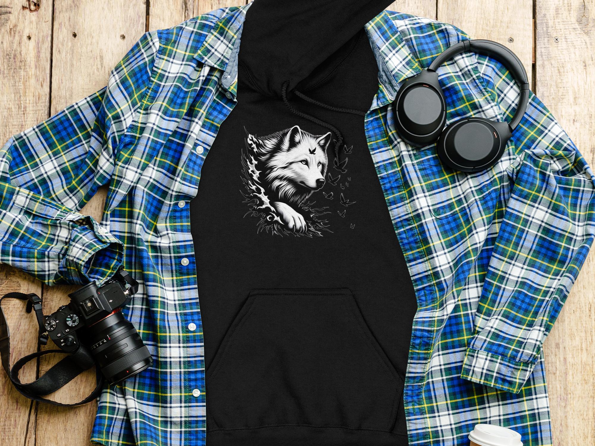 Wolf x Doves - Black White Gildan Hoodie Realistic Animal Talisman Unisex Tee Graphic Design