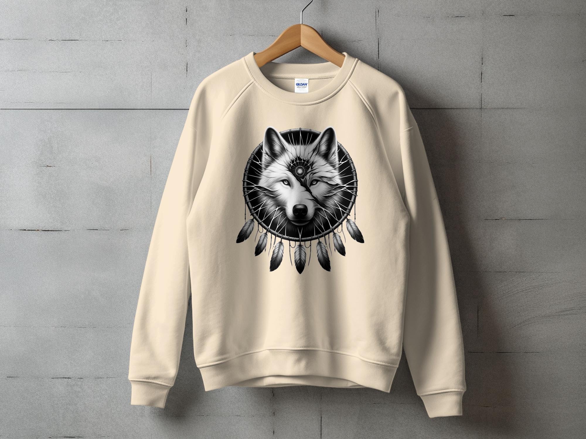 Dreamcatcher Wolf - Coloured Gildan Sweatshirt Realistic Native American Talisman Unisex Mythology Tee Graphic Design