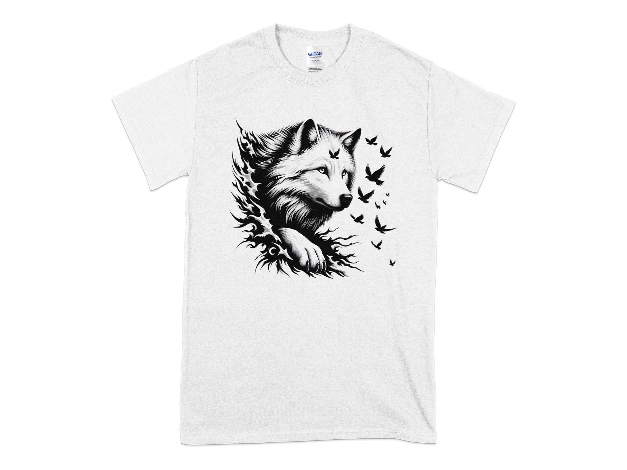 Wolf x Doves - Black White Gildan T-Shirt Realistic Animal Talisman Unisex Tee Graphic Design