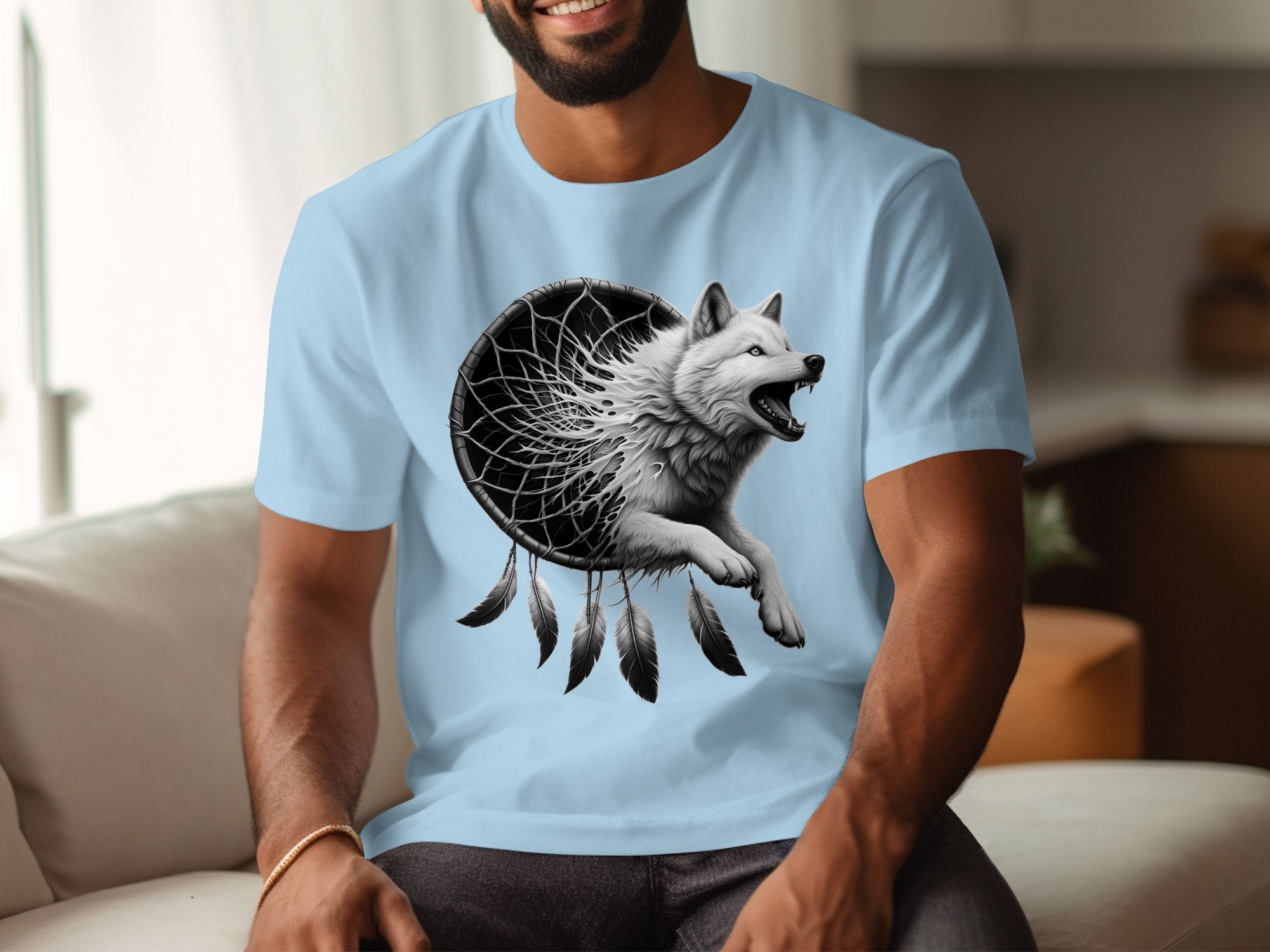 Dreamcatcher Wolf - Coloured Gildan T-Shirt Realistic Native American Talisman Unisex Mythology Tee Graphic Design