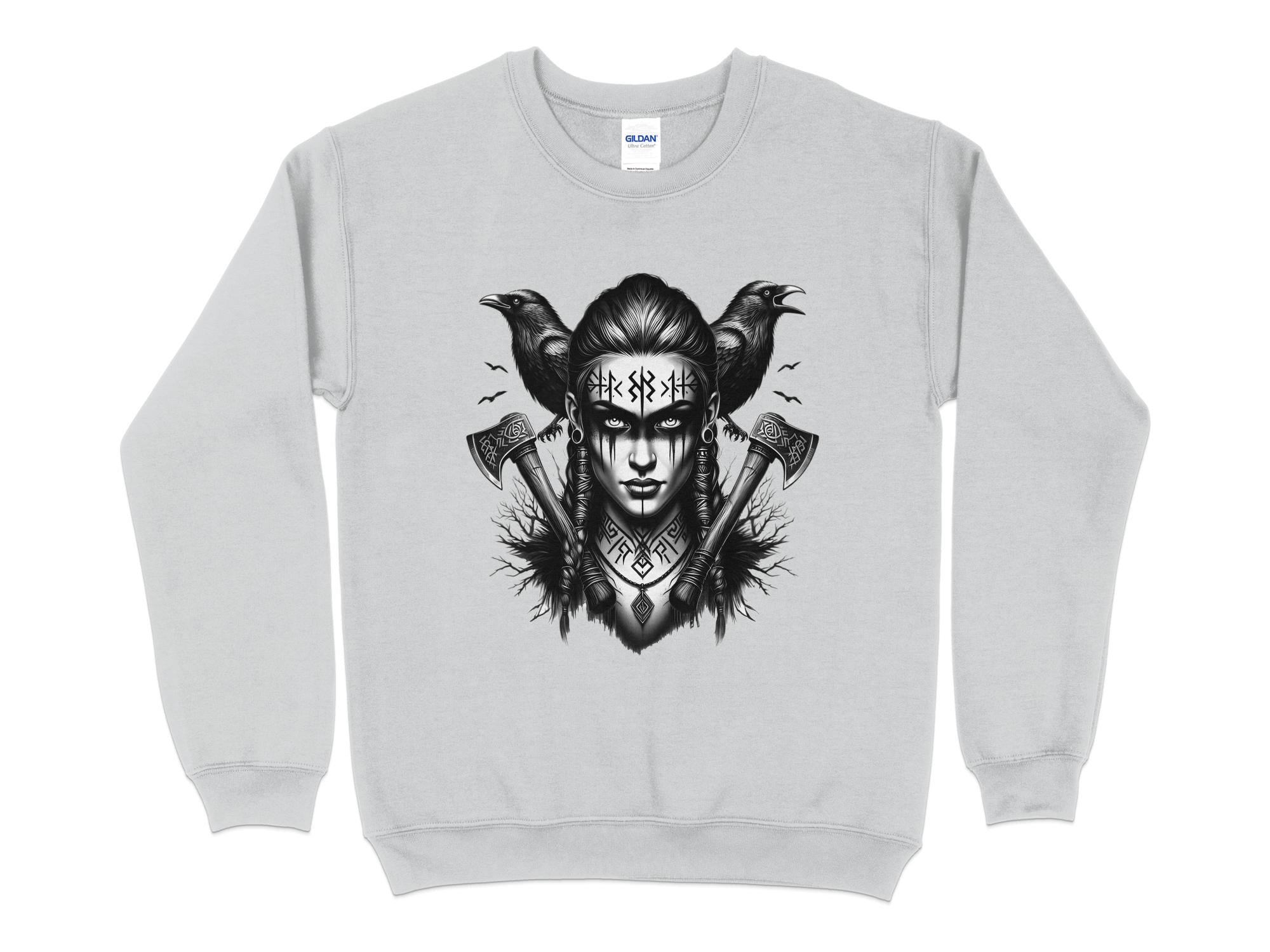 Viking Shield Maiden - Coloured Gildan Sweatshirt Realistic Norse Talisman Men Women Unisex Valhalla Tee Graphic Design