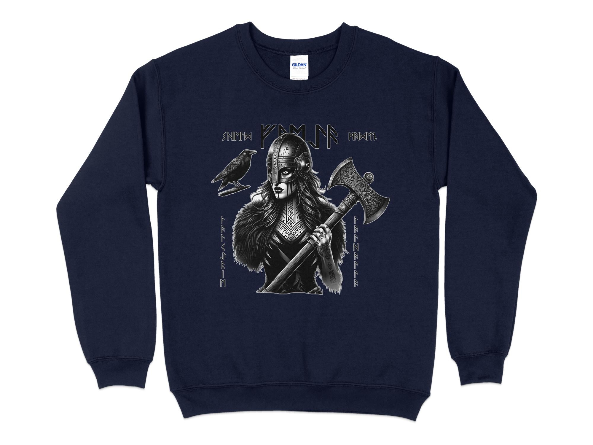 Viking Shield Maiden - Coloured Gildan Sweatshirt Realistic Norse Talisman Men Women Unisex Valhalla Tee Graphic Design