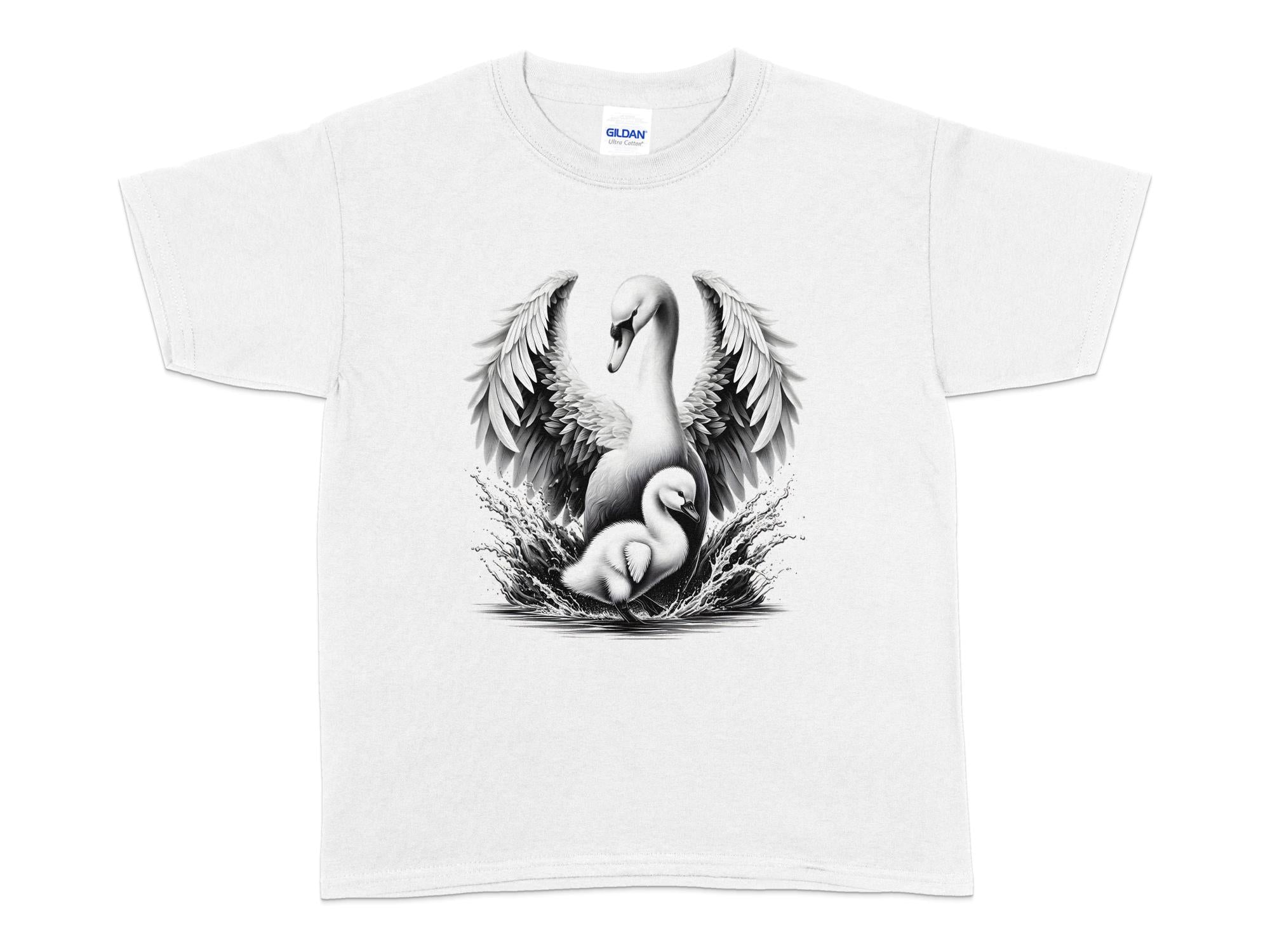 Swan & Cygnet- Black White Gildan Kids T-Shirt Realistic Family Talisman Unisex Tee Graphic Design