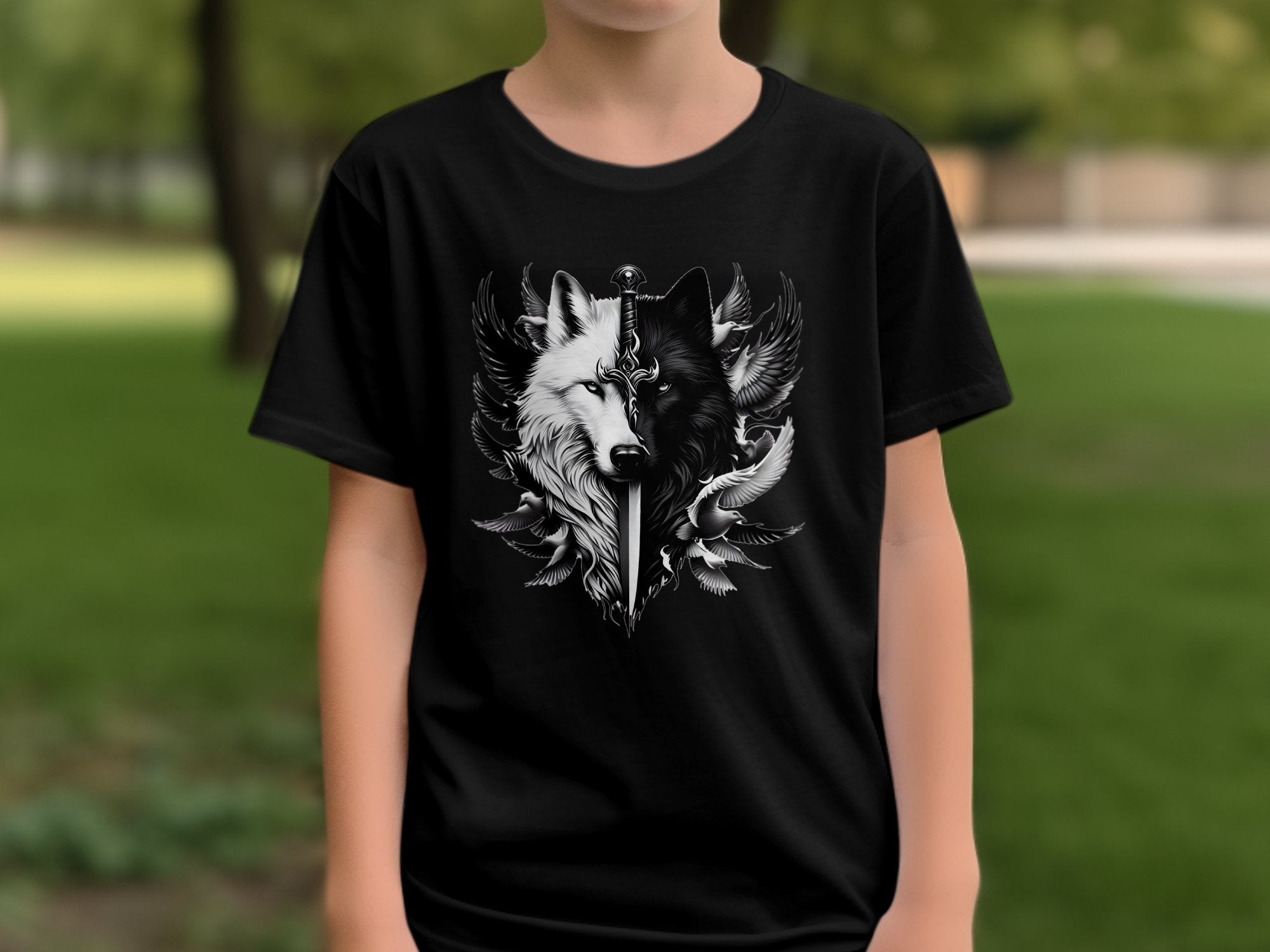 Wolf x Doves - Black White Gildan Kids T-Shirt Realistic Animal Talisman Unisex Tee Graphic Design