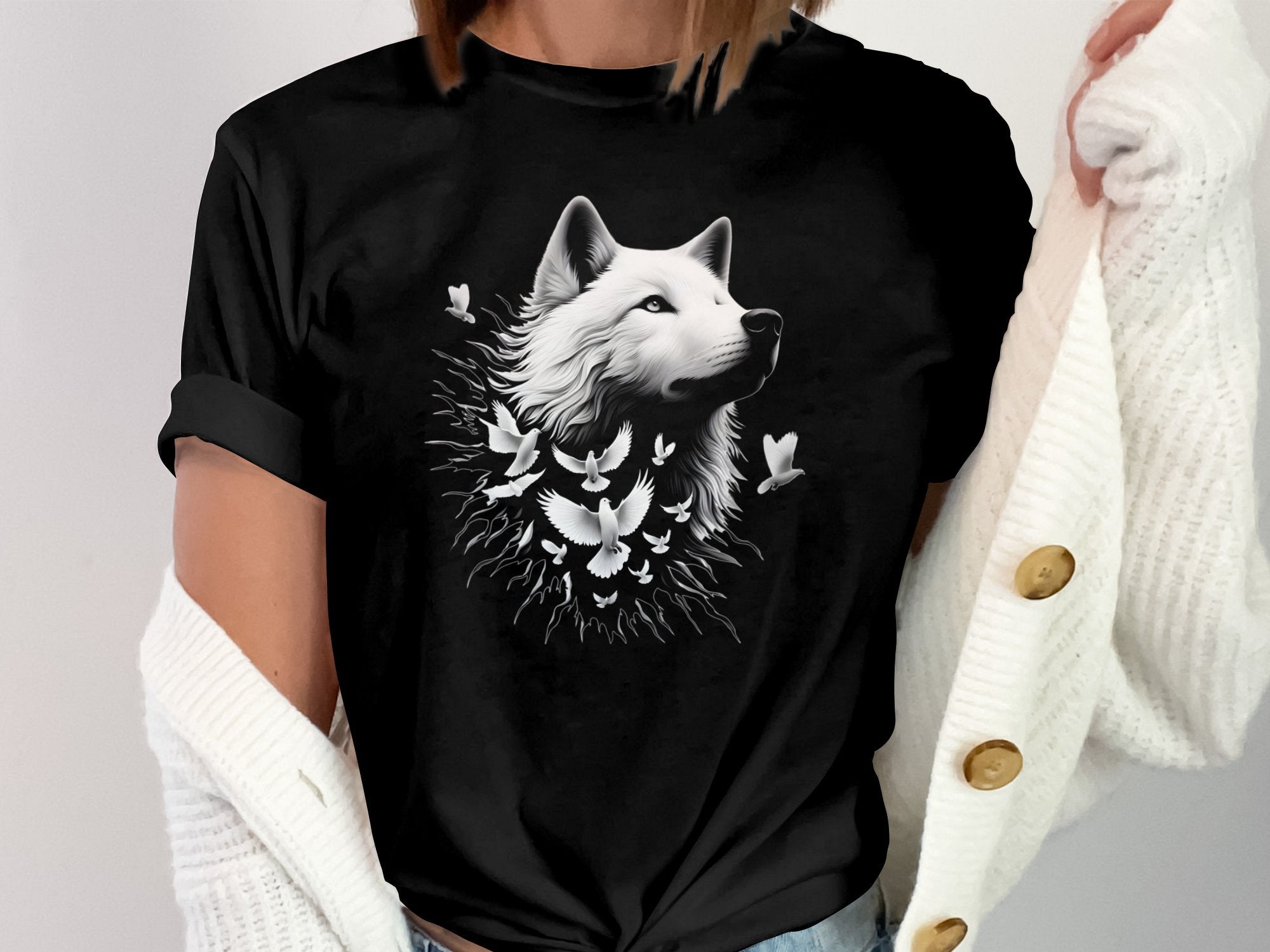 Wolf x Doves - Black White Gildan T-Shirt Realistic Animal Talisman Unisex Tee Graphic Design