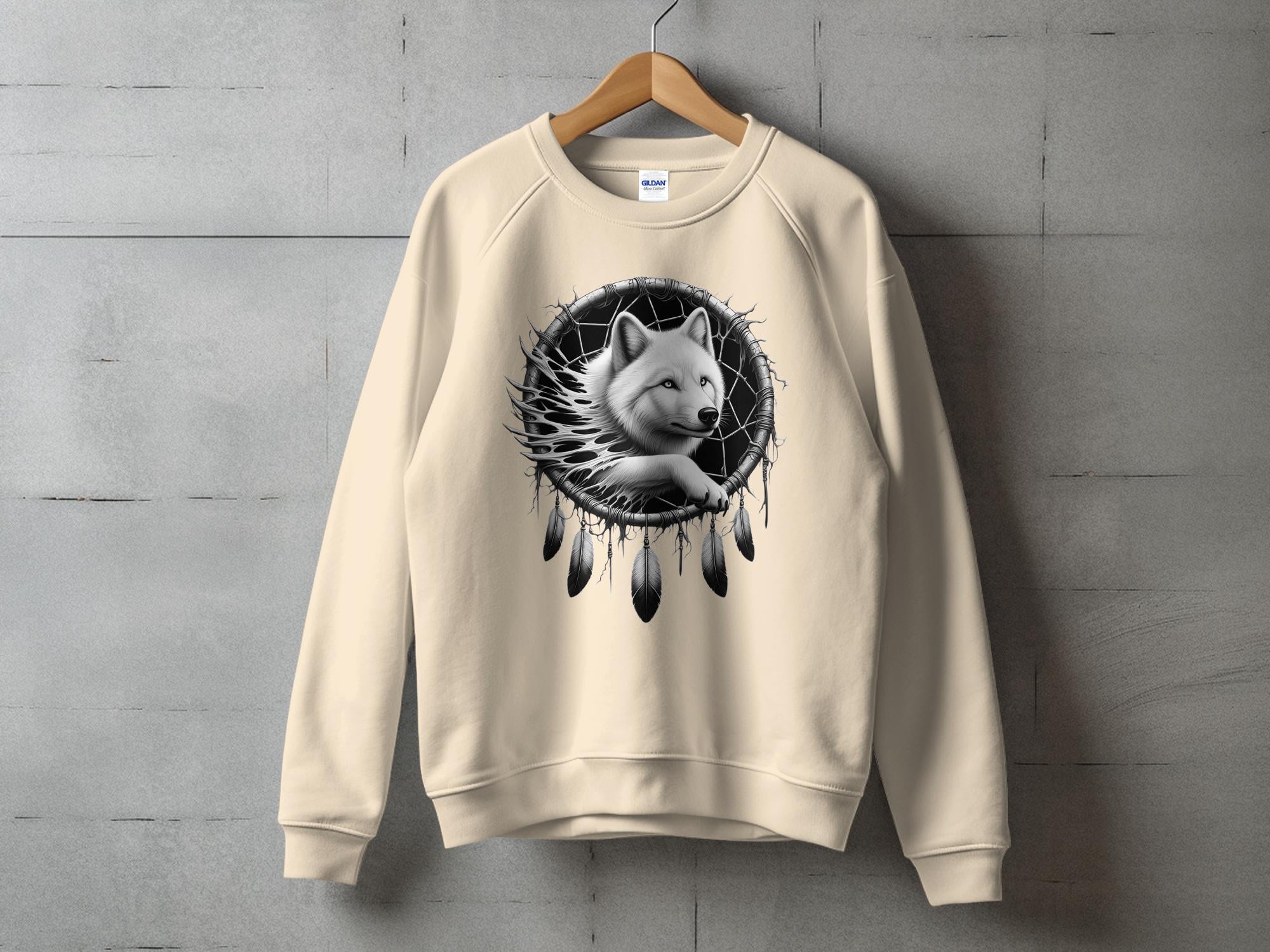 Dreamcatcher Wolf - Coloured Gildan Sweatshirt Realistic Native American Talisman Unisex Mythology Tee Graphic Design