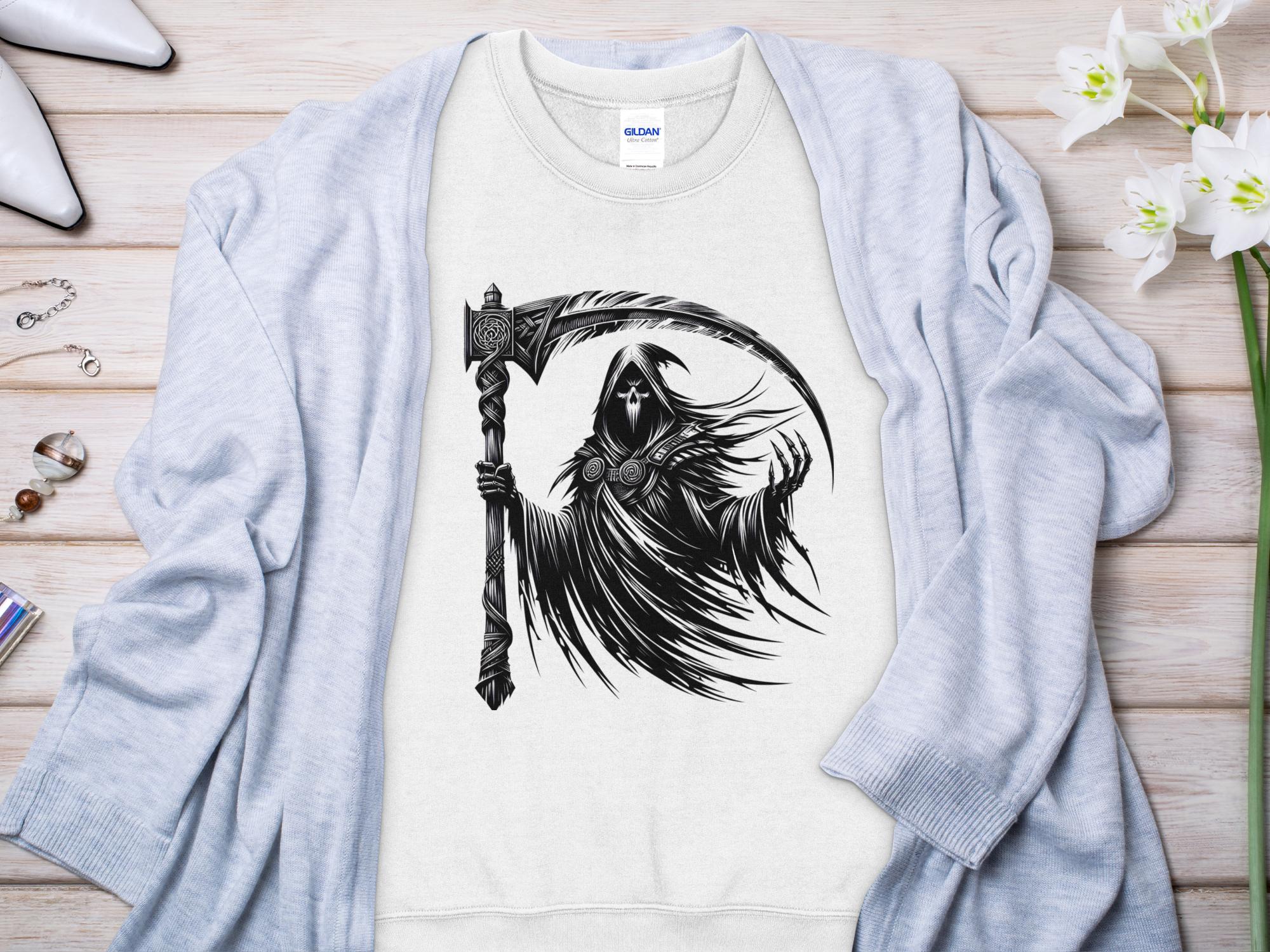 Grim Reaper - Black White Gildan Sweatshirt Commemorative Talisman Unisex Tee Graphic Design