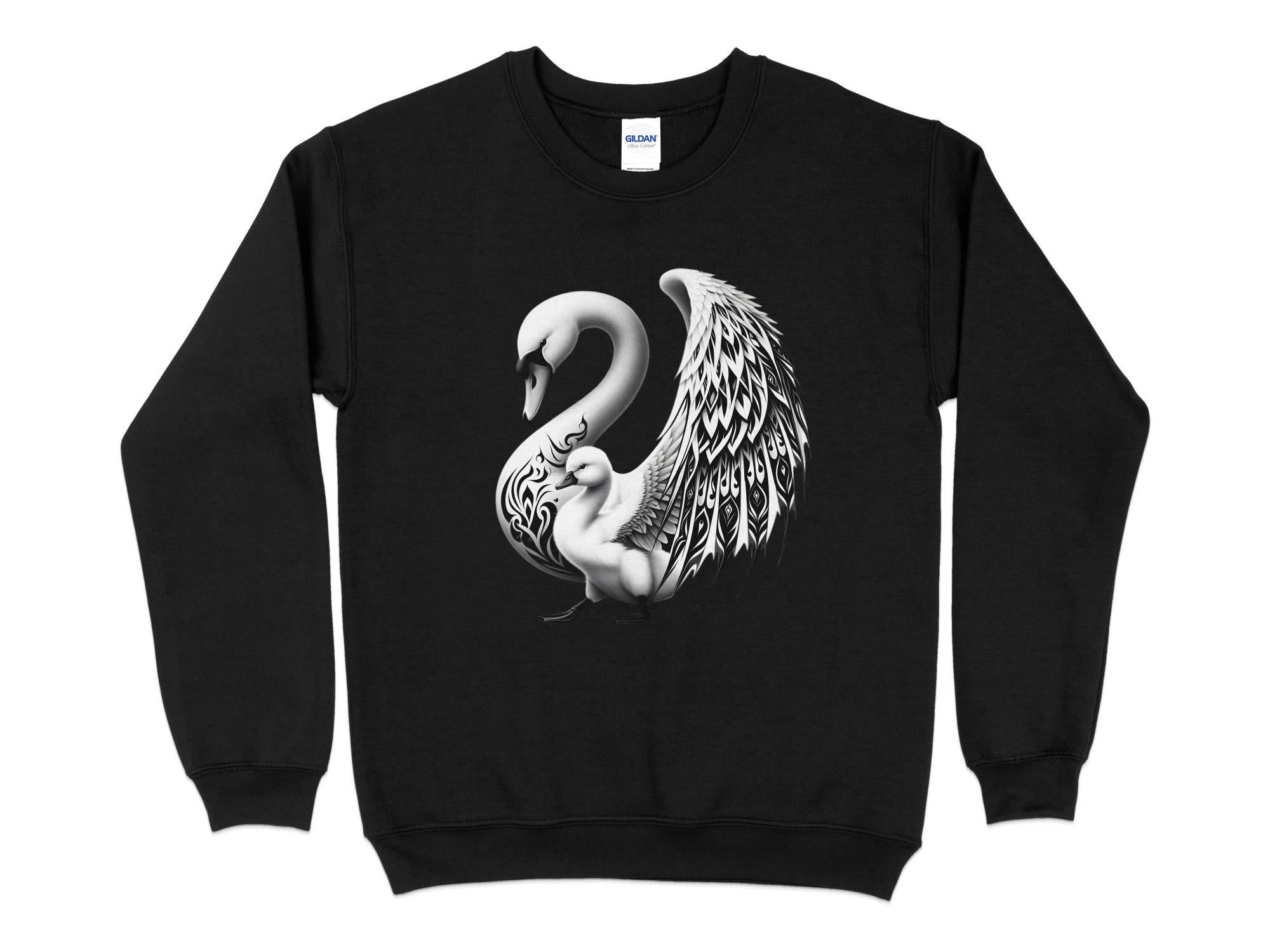 Swan & Cygnet- Black White Gildan Sweatshirt Realistic Family Talisman Unisex Tee Graphic Design