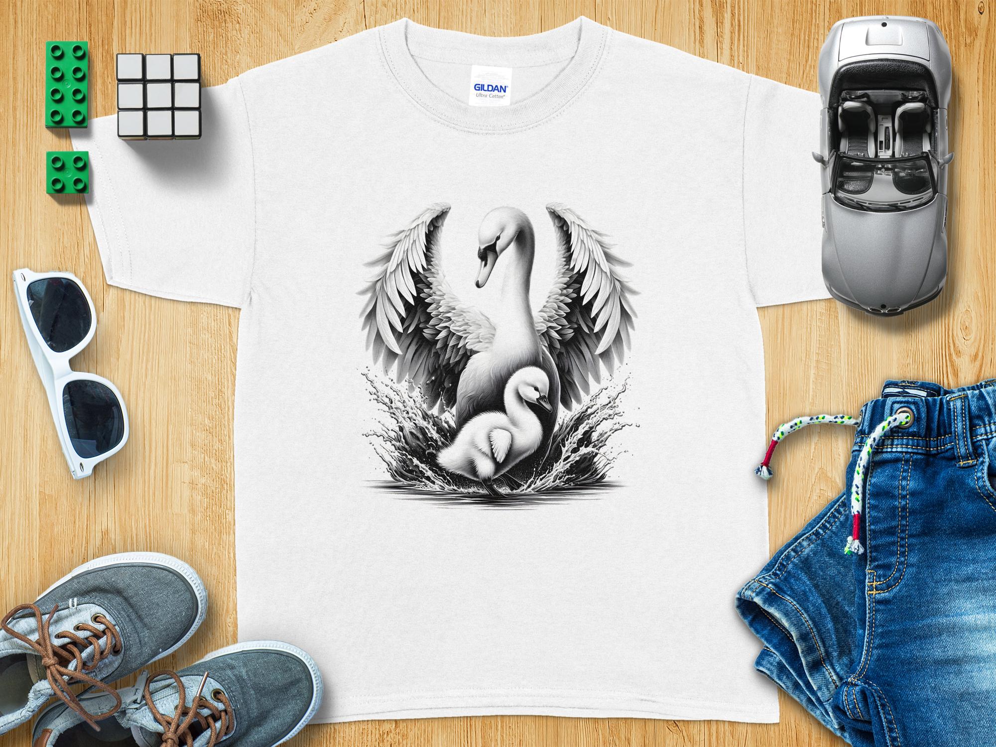 Swan & Cygnet- Black White Gildan Kids T-Shirt Realistic Family Talisman Unisex Tee Graphic Design