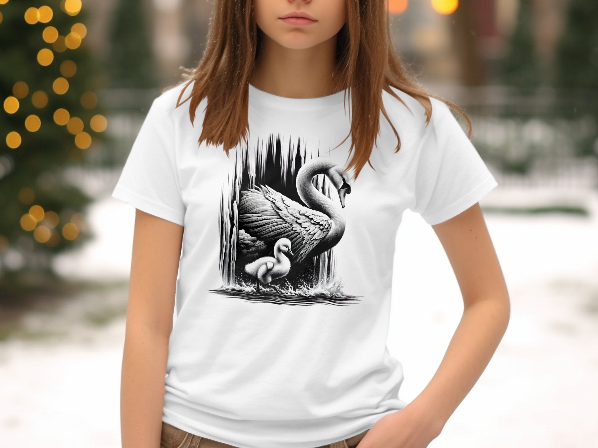 Swan & Cygnet- Black White Gildan Kids T-Shirt Realistic Family Talisman Unisex Tee Graphic Design