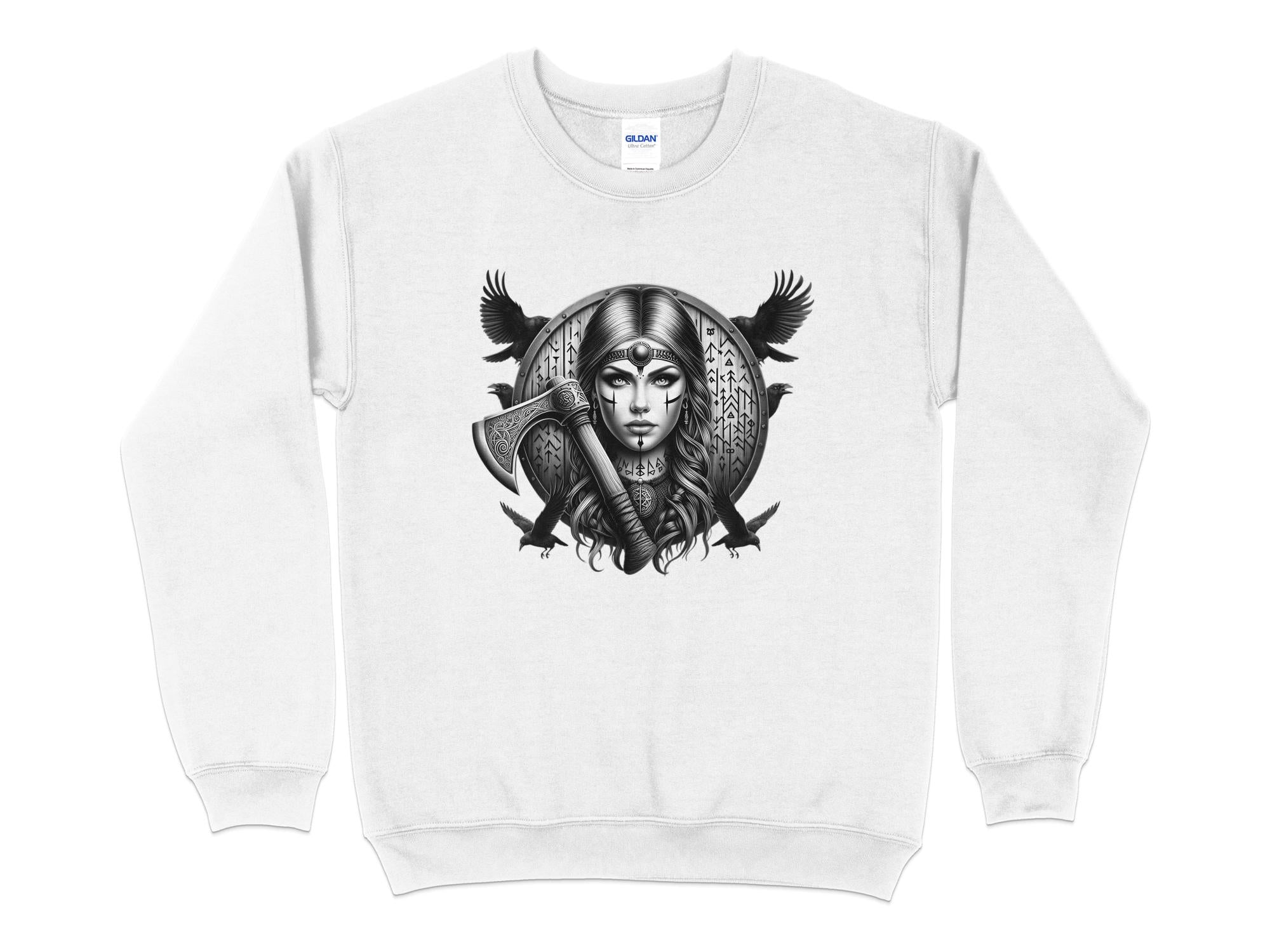 Viking Shield Maiden - Coloured Gildan Sweatshirt Realistic Norse Talisman Men Women Unisex Valhalla Tee Graphic Design