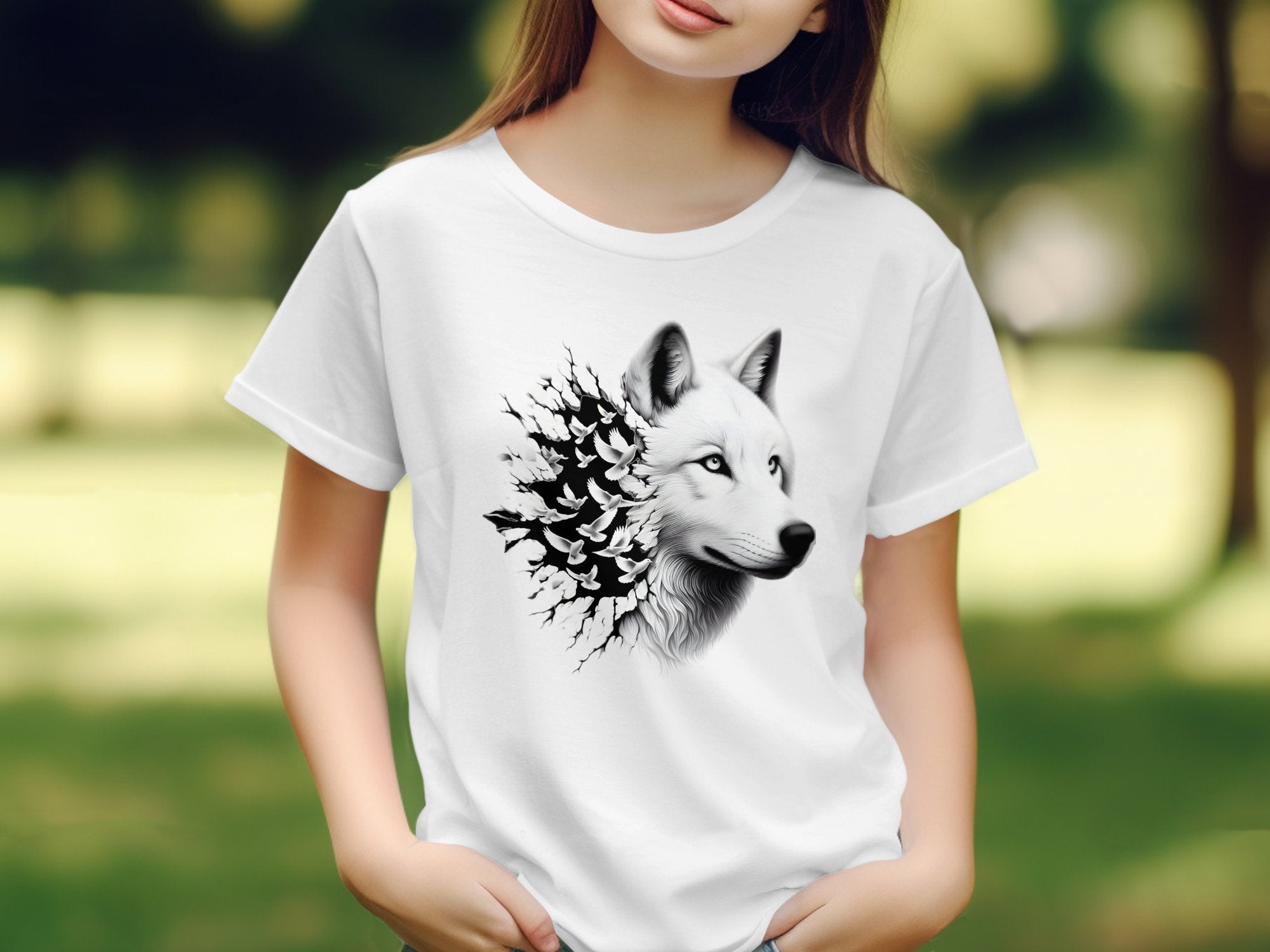 Wolf x Doves - Black White Gildan Kids T-Shirt Realistic Animal Talisman Unisex Tee Graphic Design