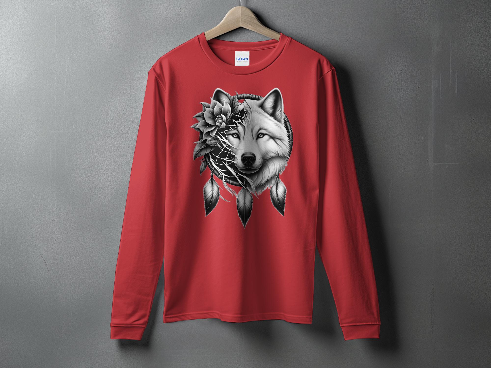 Dreamcatcher Wolf - Coloured Gildan Long Sleeve Realistic Native American Talisman Unisex Mythology Tee Graphic Design