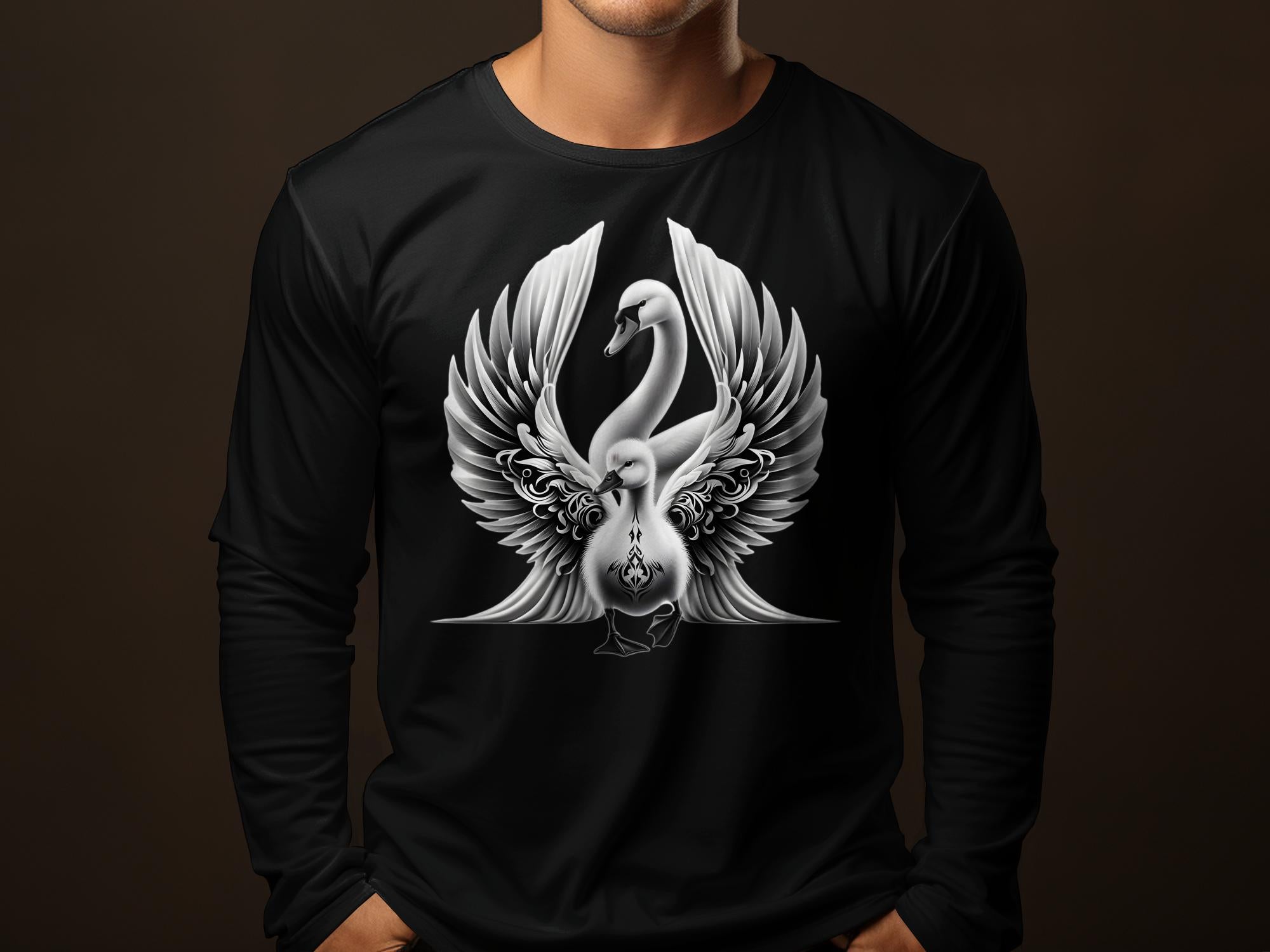 Swan & Cygnet- Black White Gildan Long Sleeve Realistic Family Talisman Unisex Tee Graphic Design