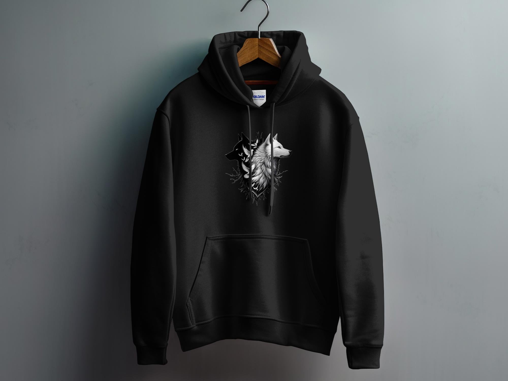 Wolf x Doves - Black White Gildan Hoodie Realistic Animal Talisman Unisex Tee Graphic Design