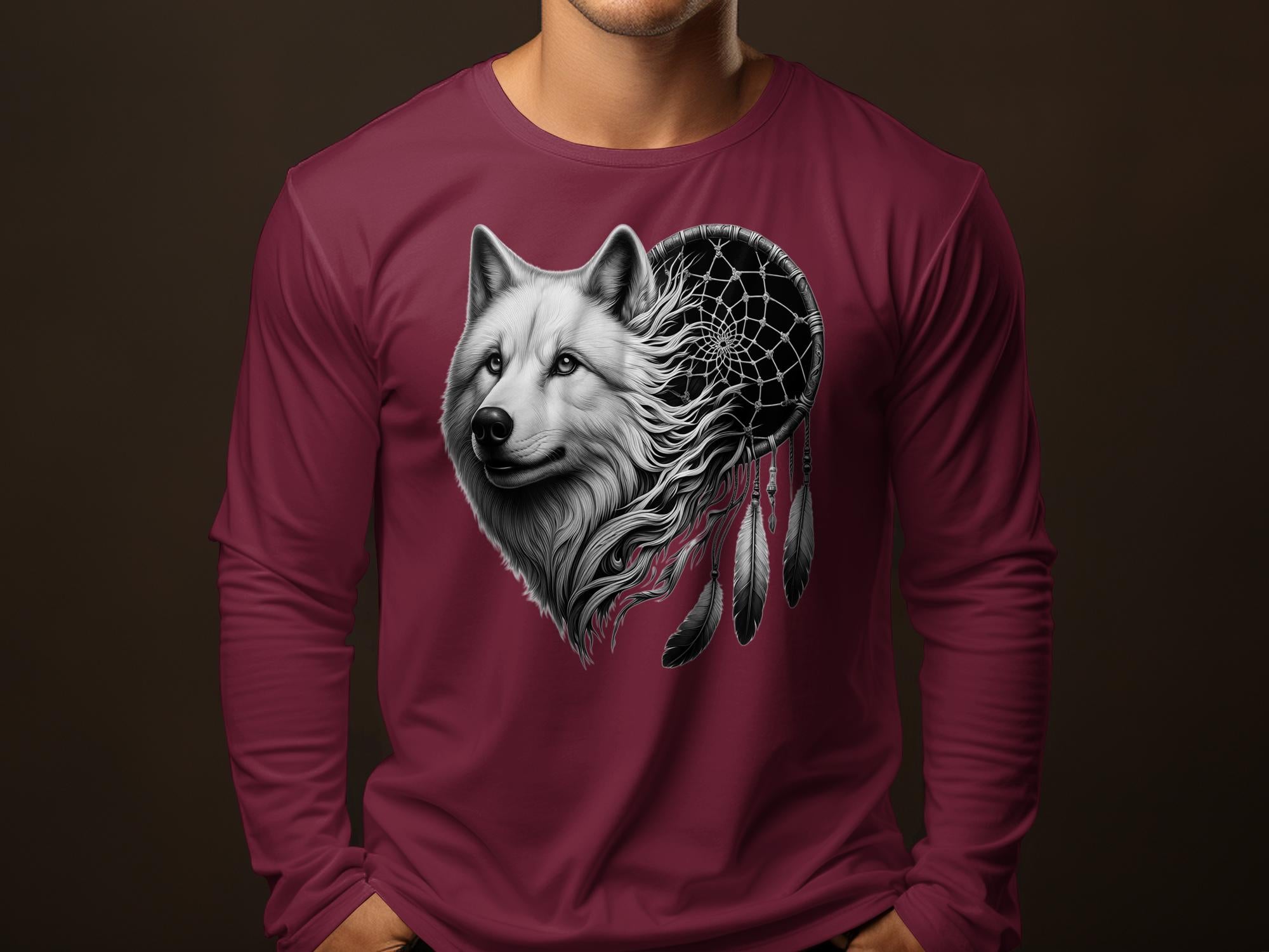 Dreamcatcher Wolf - Coloured Gildan Long Sleeve Realistic Native American Talisman Unisex Mythology Tee Graphic Design