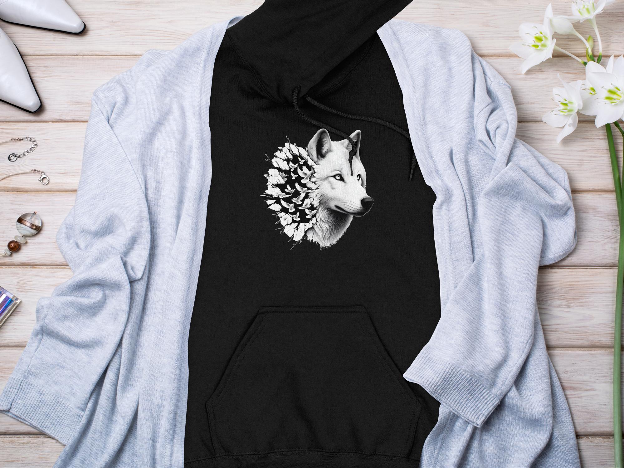 Wolf x Doves - Black White Gildan Hoodie Realistic Animal Talisman Unisex Tee Graphic Design