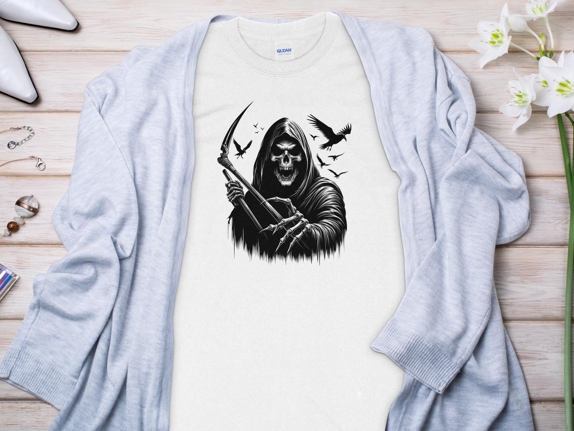 Grim Reaper - Black White Gildan Long Sleeve Commemorative Talisman Unisex Tee Graphic Design