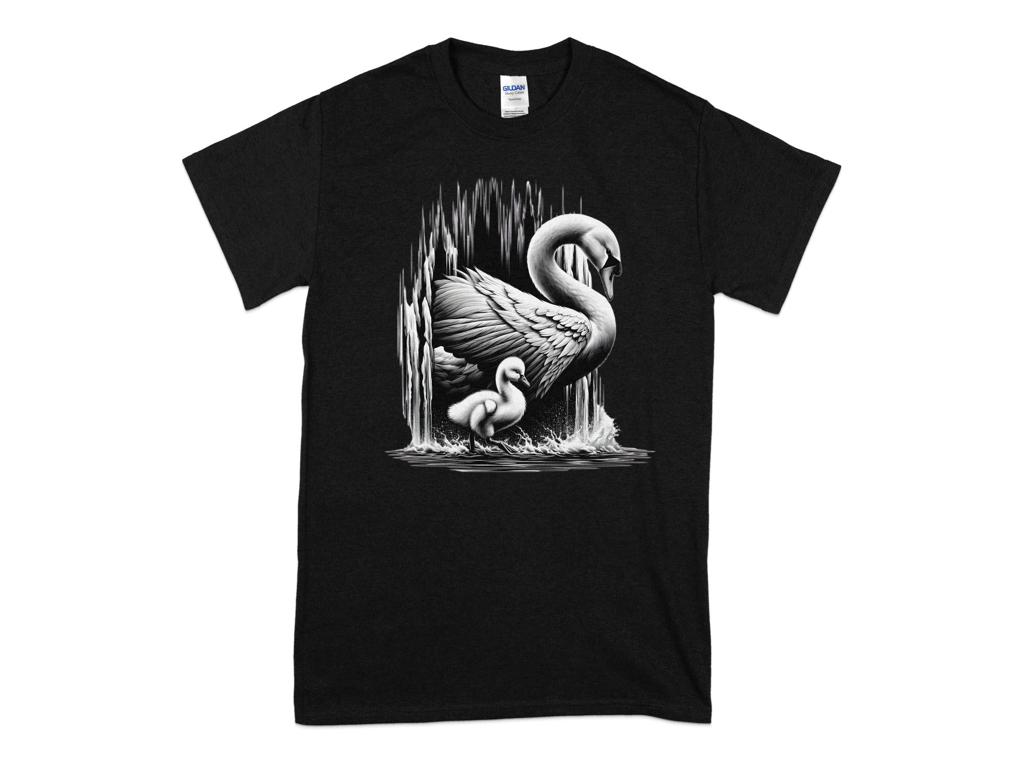 Swan & Cygnet- Black White Gildan T-Shirt Realistic Family Talisman Unisex Tee Graphic Design