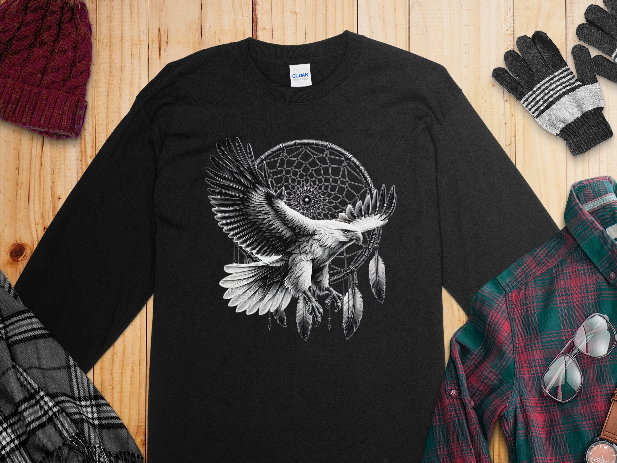 Dreamcatcher Eagle - Coloured Gildan Long Sleeve Realistic Native American Talisman Unisex Mythology Tee Graphic Design