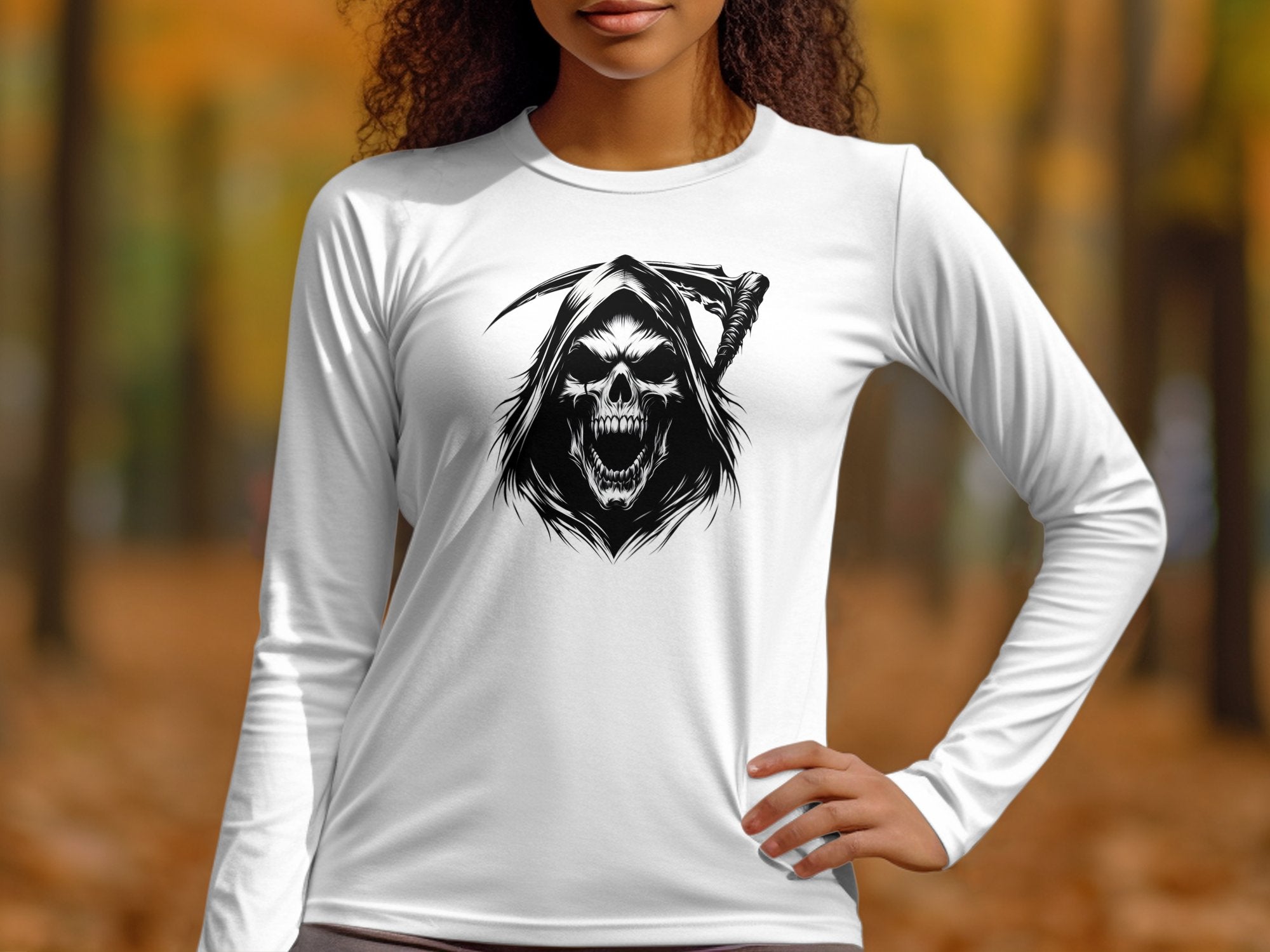 Grim Reaper - Black White Gildan Long Sleeve Commemorative Talisman Unisex Tee Graphic Design