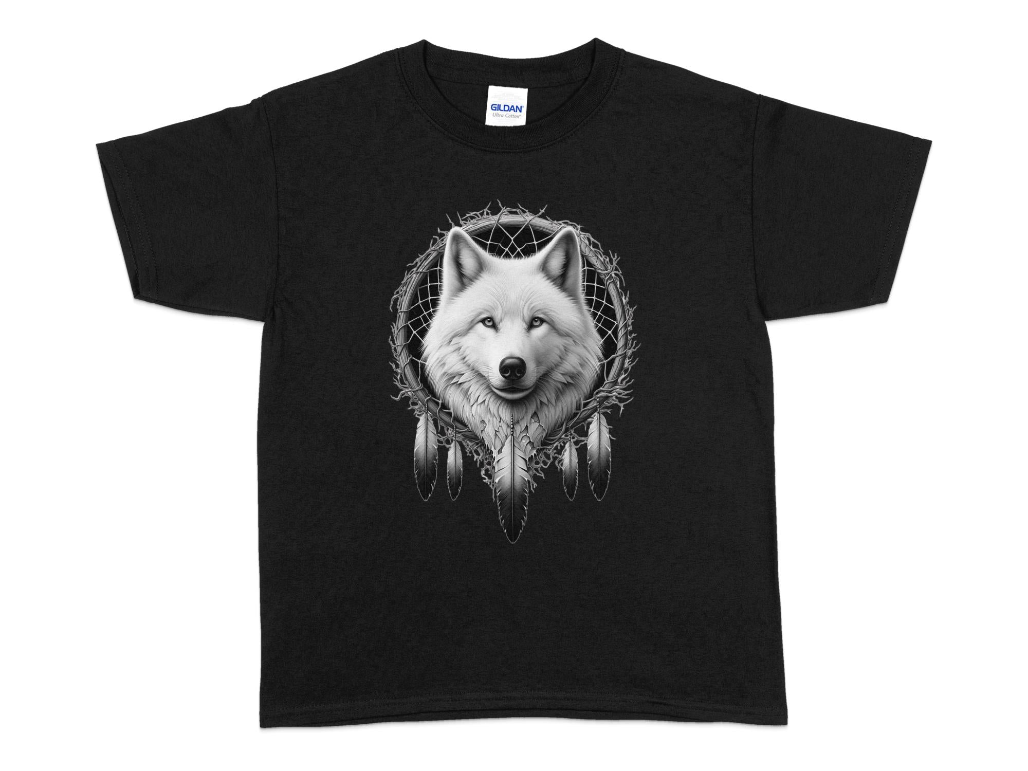 Dreamcatcher Wolf - Coloured Gildan Kids T-Shirt Realistic Native American Talisman Unisex Mythology Tee Graphic Design