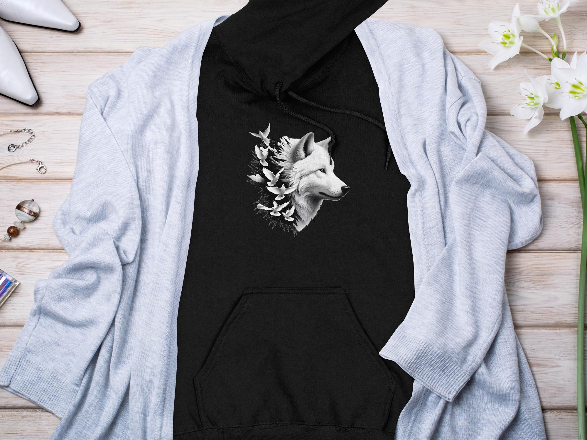 Wolf x Doves - Black White Gildan Hoodie Realistic Animal Talisman Unisex Tee Graphic Design