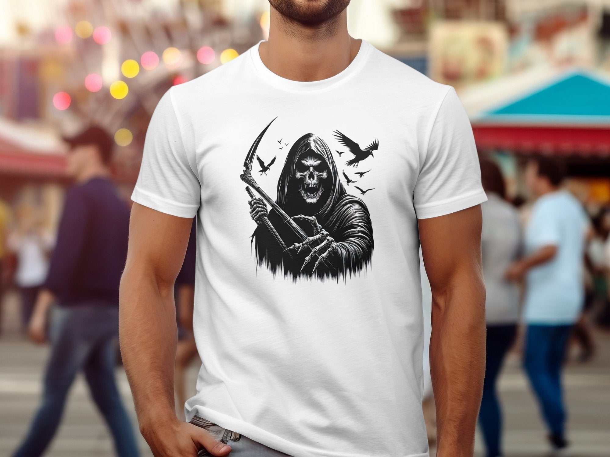 Grim Reaper - Black White Gildan T-Shirt Commemorative Talisman Unisex Tee Graphic Design