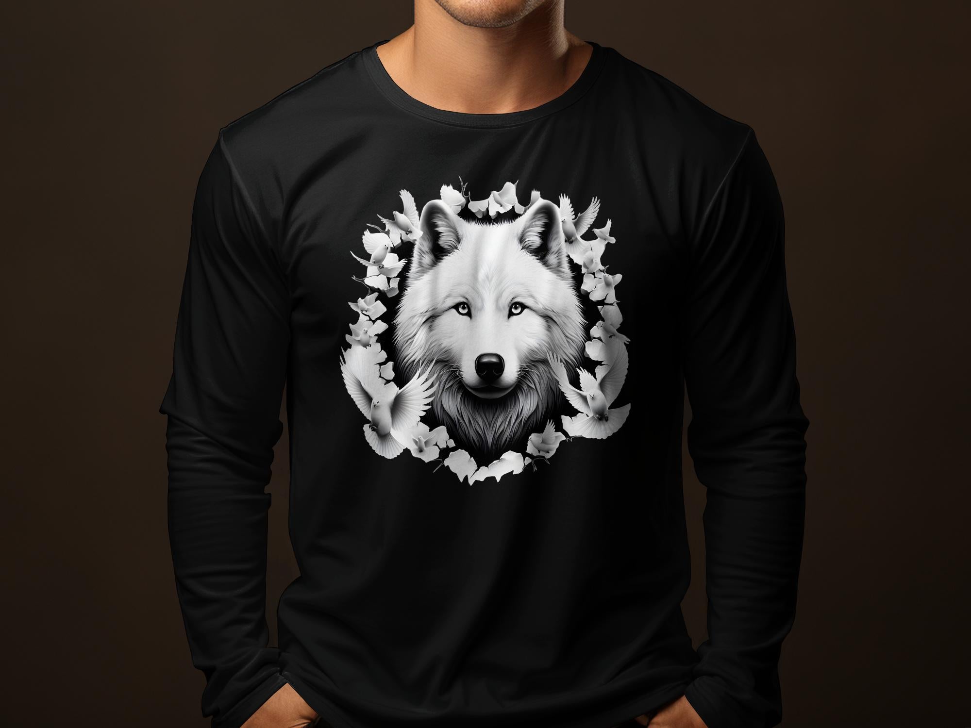 Wolf x Doves - Black White Gildan Long Sleeve Realistic Animal Talisman Unisex Tee Graphic Design