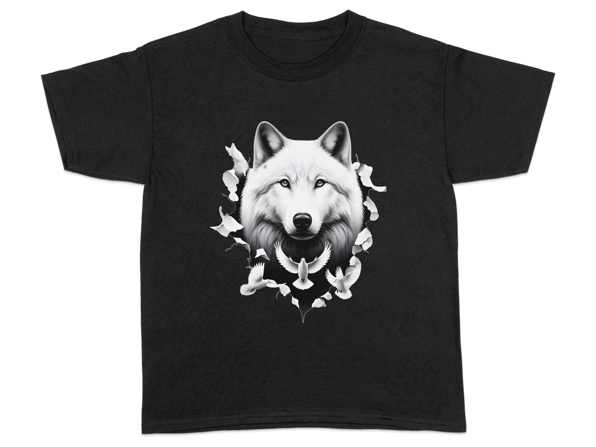 Wolf x Doves - Black White Gildan Kids T-Shirt Realistic Animal Talisman Unisex Tee Graphic Design