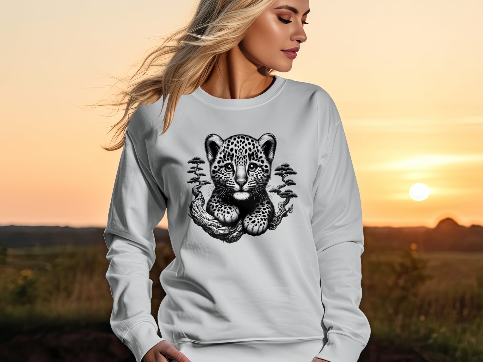 Leopard Bonsai - Coloured Gildan Sweatshirt Realistic Animal Talisman Unisex Cute Tee Graphic Design