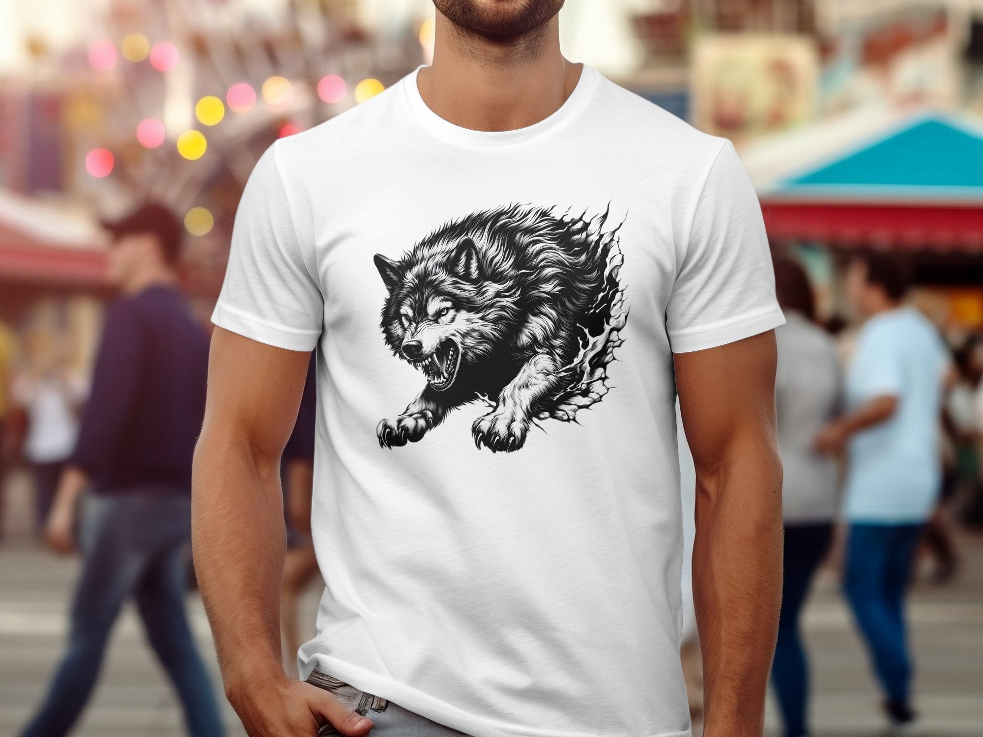 Wolf Tribal - Black White Gildan T-Shirt Realistic Animal Talisman Unisex Tee Graphic Design