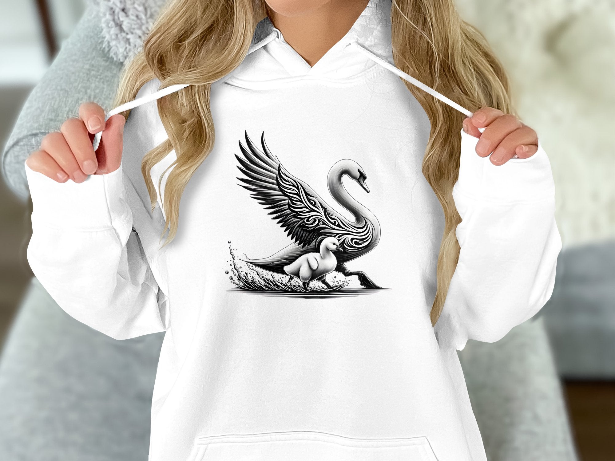 Swan & Cygnet- Black White Gildan Hoodie Realistic Family Talisman Unisex Tee Graphic Design