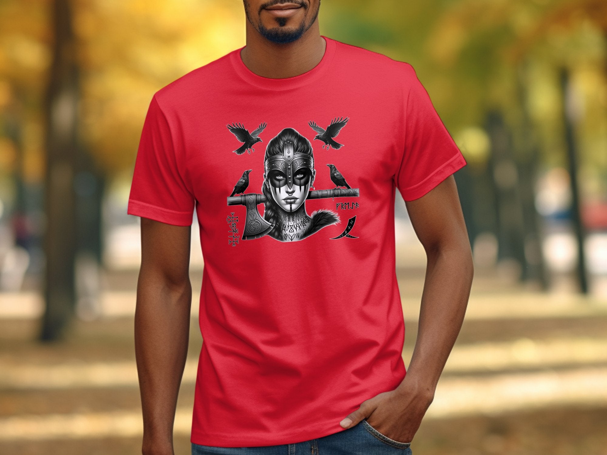 Viking Shield Maiden - Coloured Gildan T Shirt Realistic Norse Talisman Men Women Unisex Valhalla Tee Graphic Design