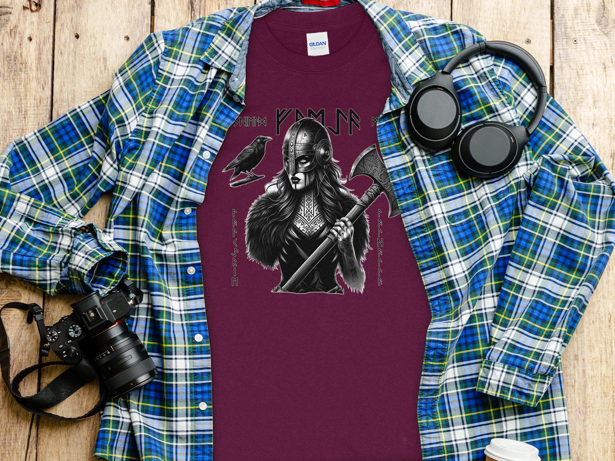 Viking Shield Maiden - Coloured Gildan Long Sleeve Realistic Norse Talisman Men Women Unisex Valhalla Tee Graphic Design