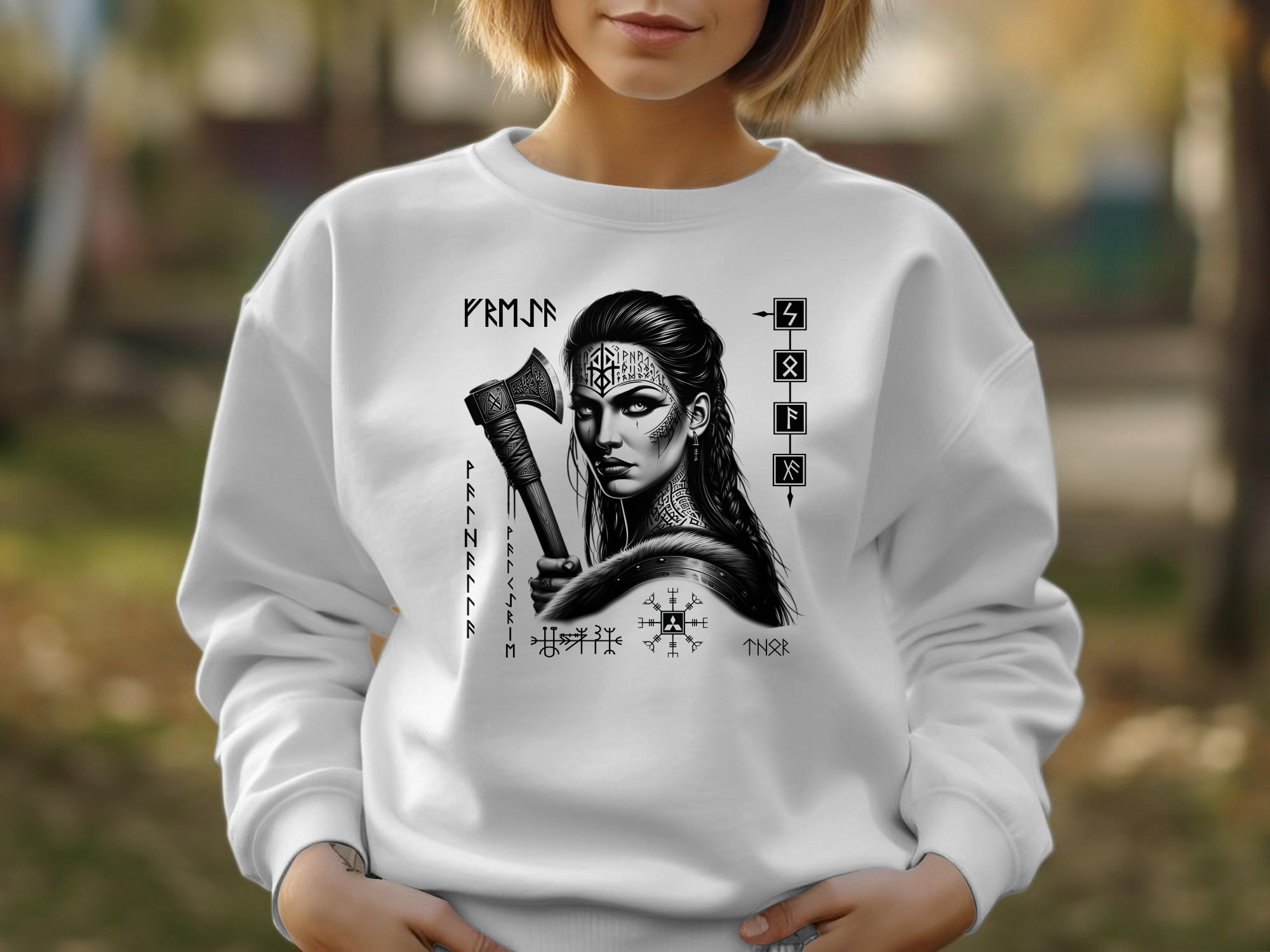 Viking Shield Maiden - Coloured Gildan Sweatshirt Realistic Norse Talisman Men Women Unisex Valhalla Tee Graphic Design