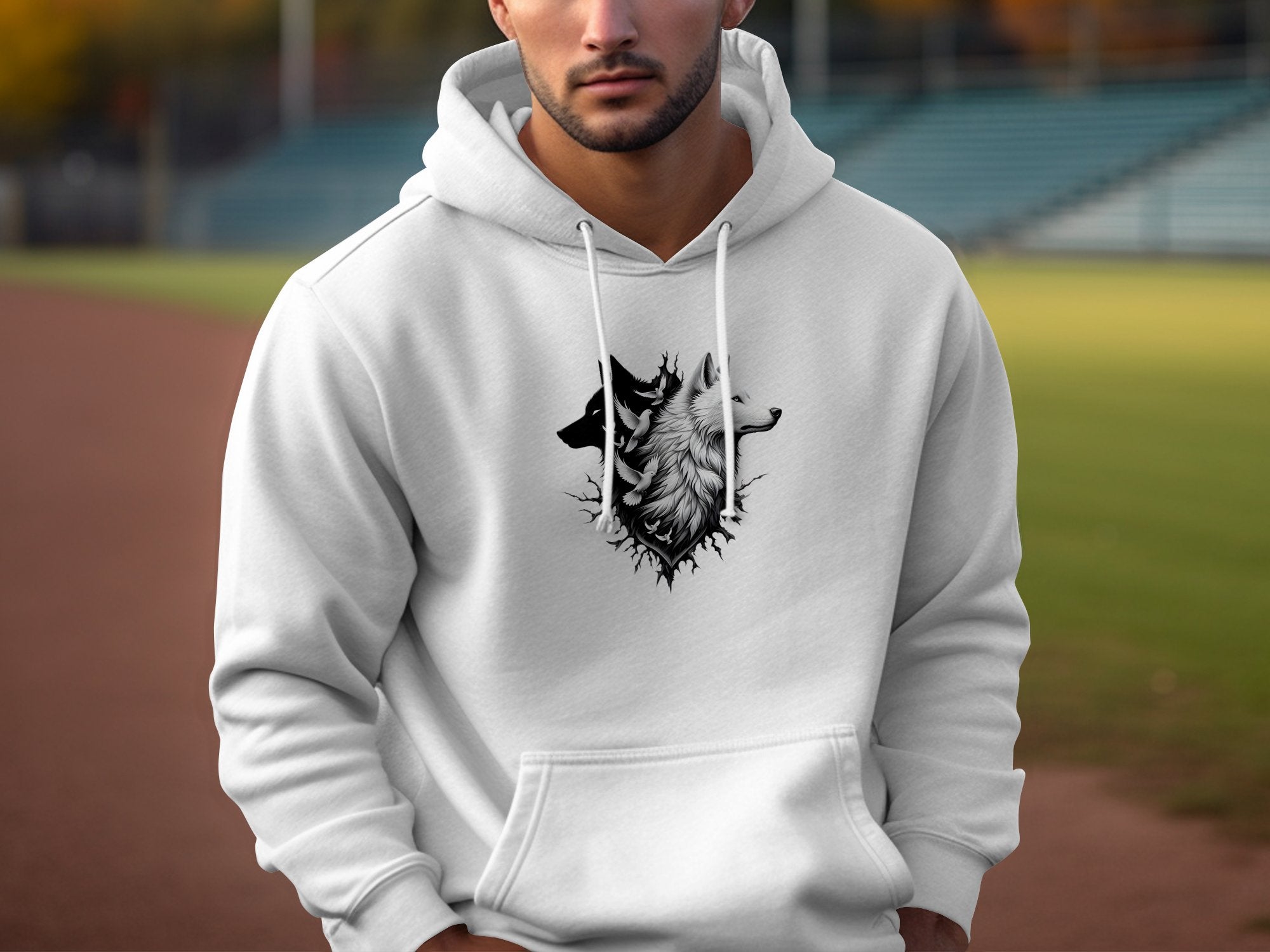 Wolf x Doves - Black White Gildan Hoodie Realistic Animal Talisman Unisex Tee Graphic Design