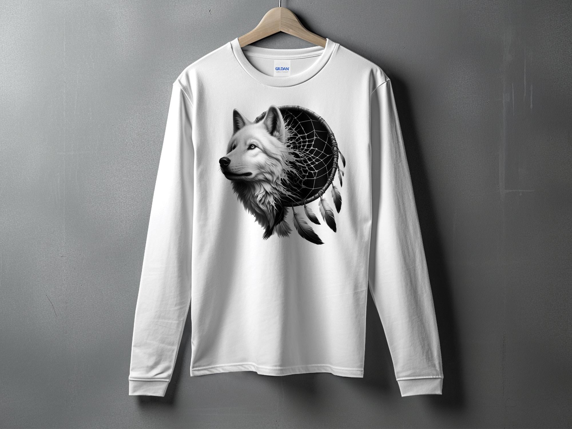 Dreamcatcher Wolf - Coloured Gildan Long Sleeve Realistic Native American Talisman Unisex Mythology Tee Graphic Design