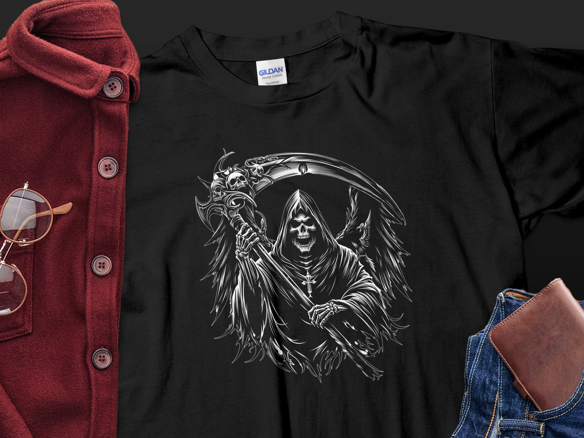 Grim Reaper - Black White Gildan T-Shirt Commemorative Talisman Unisex Tee Graphic Design